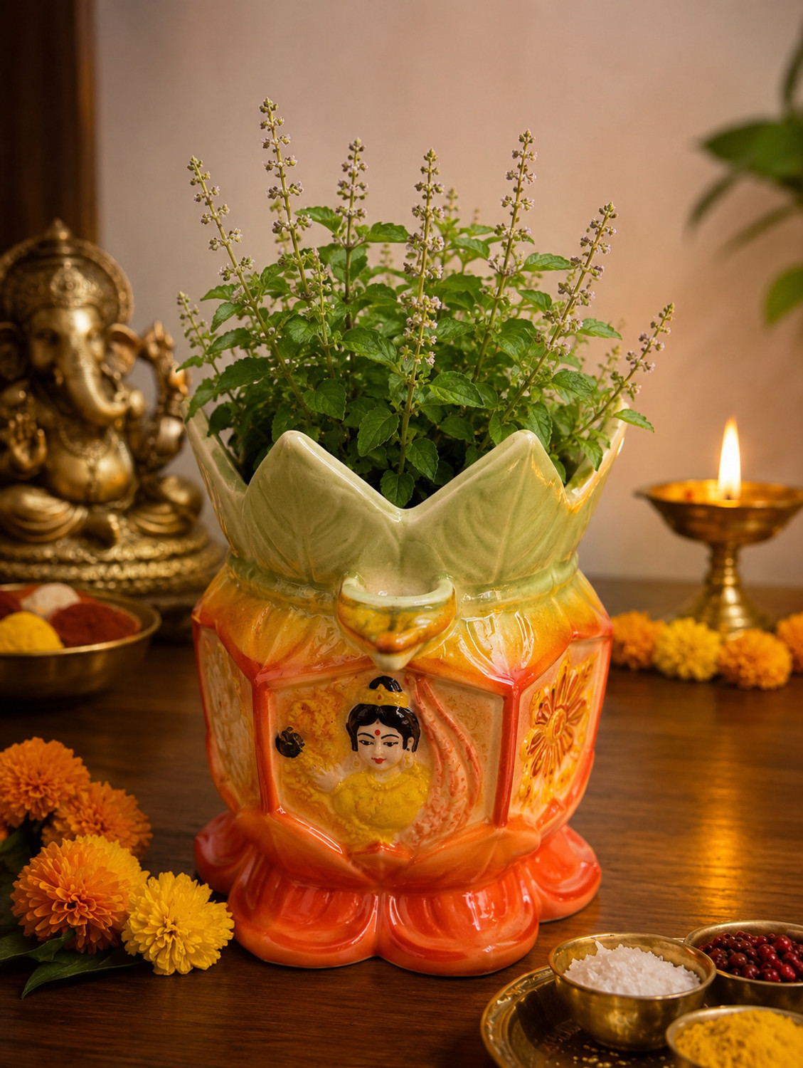 Image of Vaachi Creations Designer Ceramic Tulsi Pot -Decorative Planter for Home Temple Ceramic Vase