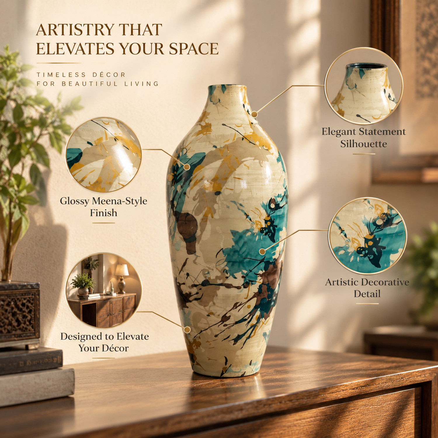 Image of Homing Thistle Stylish Glossy Meena Finish Flower Vase for Home Decor Sabai Grass Vase (11 inch, Multicolor)