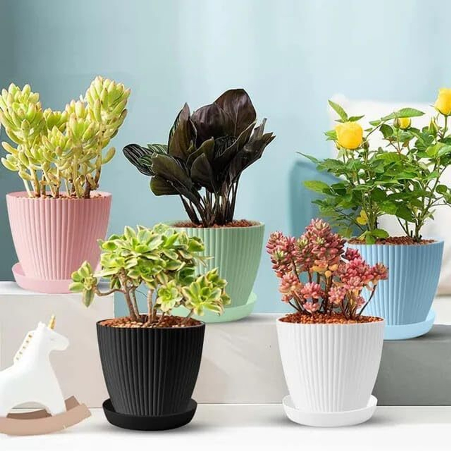 Image of GREECHO Flower Pots with Tray Gamla Tree Planter Lining Round Gardening Pots [Pack of 5] Plastic Vase