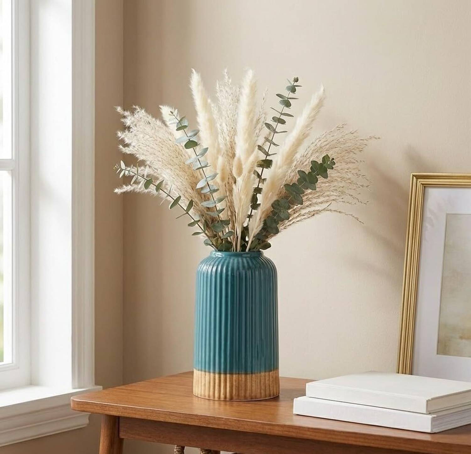 Beyond Homes And Living Dual Tone Green Ribbed Ceramic Vase Set of 1 Decorative Table Centrepiece Ceramic Vase