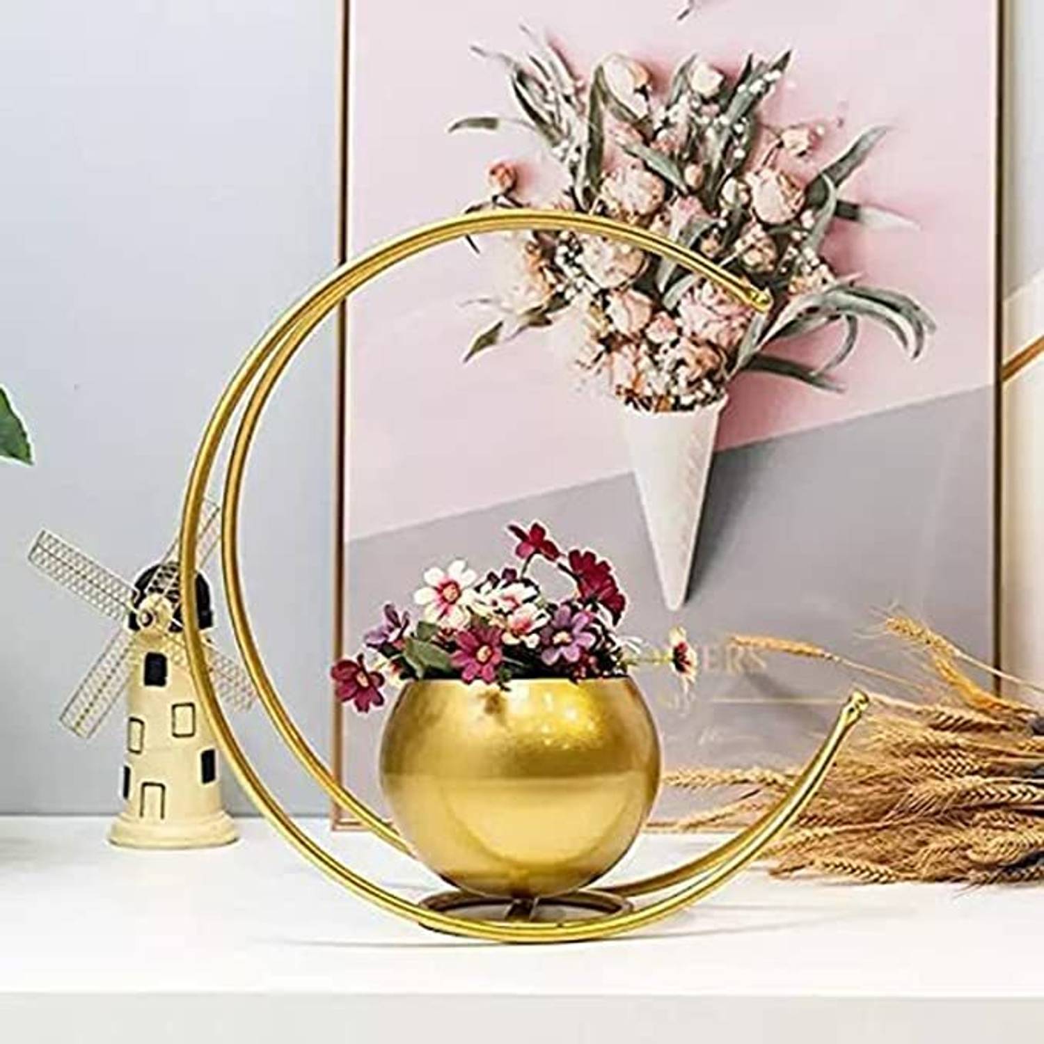 UniqueArt Handicrafts Metal Geometric Design Vase with Gold Finish - Table Decorative Iron Vase