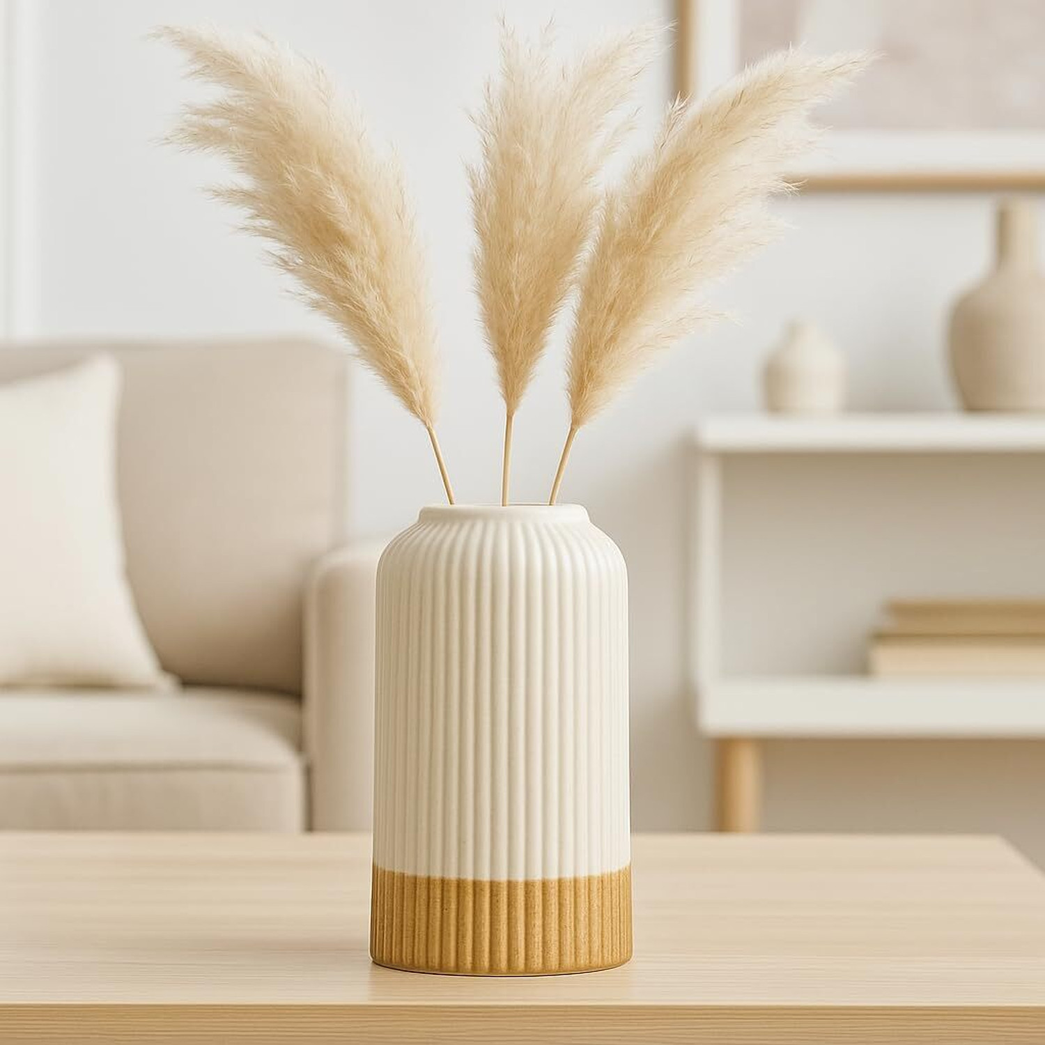 Zynkraft Ribbed Pipe Ceramic Flower Vase for Home Decor, Pampas Grass & Live Plants Ceramic Vase