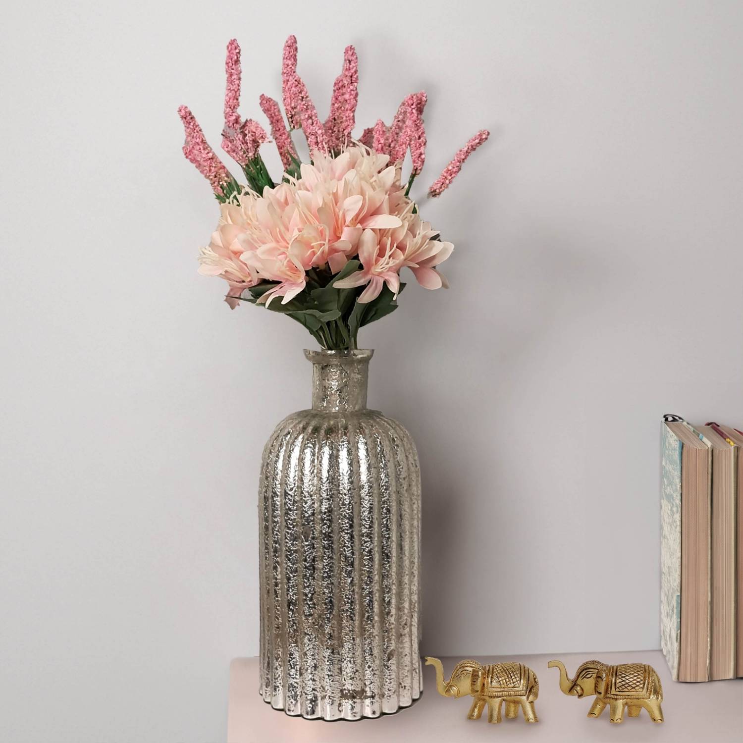 10club Fluted Glass Vase | Metallic Finish - Silver | Home Decor for Flowers Glass Vase