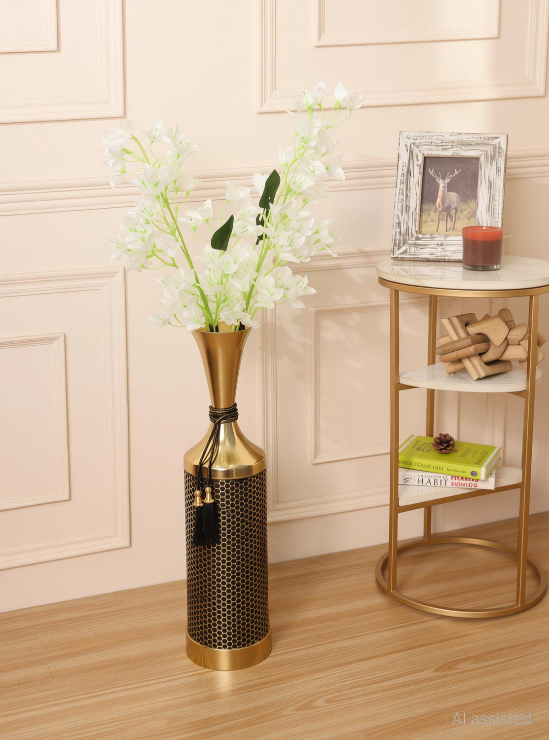 Image of V DECORE Heaven HOME'S by V DECORE Luxury Gold Metal Floor Vase with Mesh Lattice Design Iron Vase