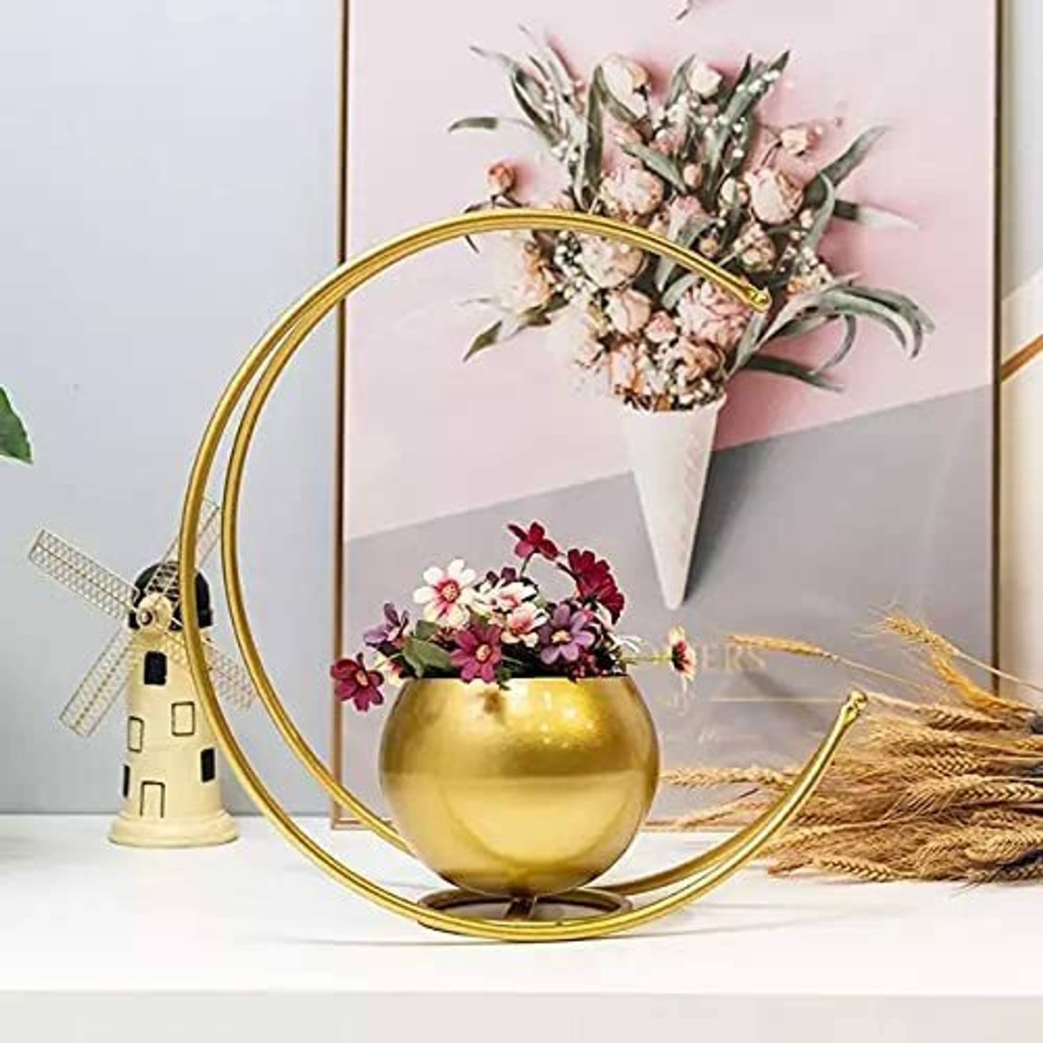 Appraise Home Impex C shaped Flower Vase Gold Lily Artificial Flower  with Pot