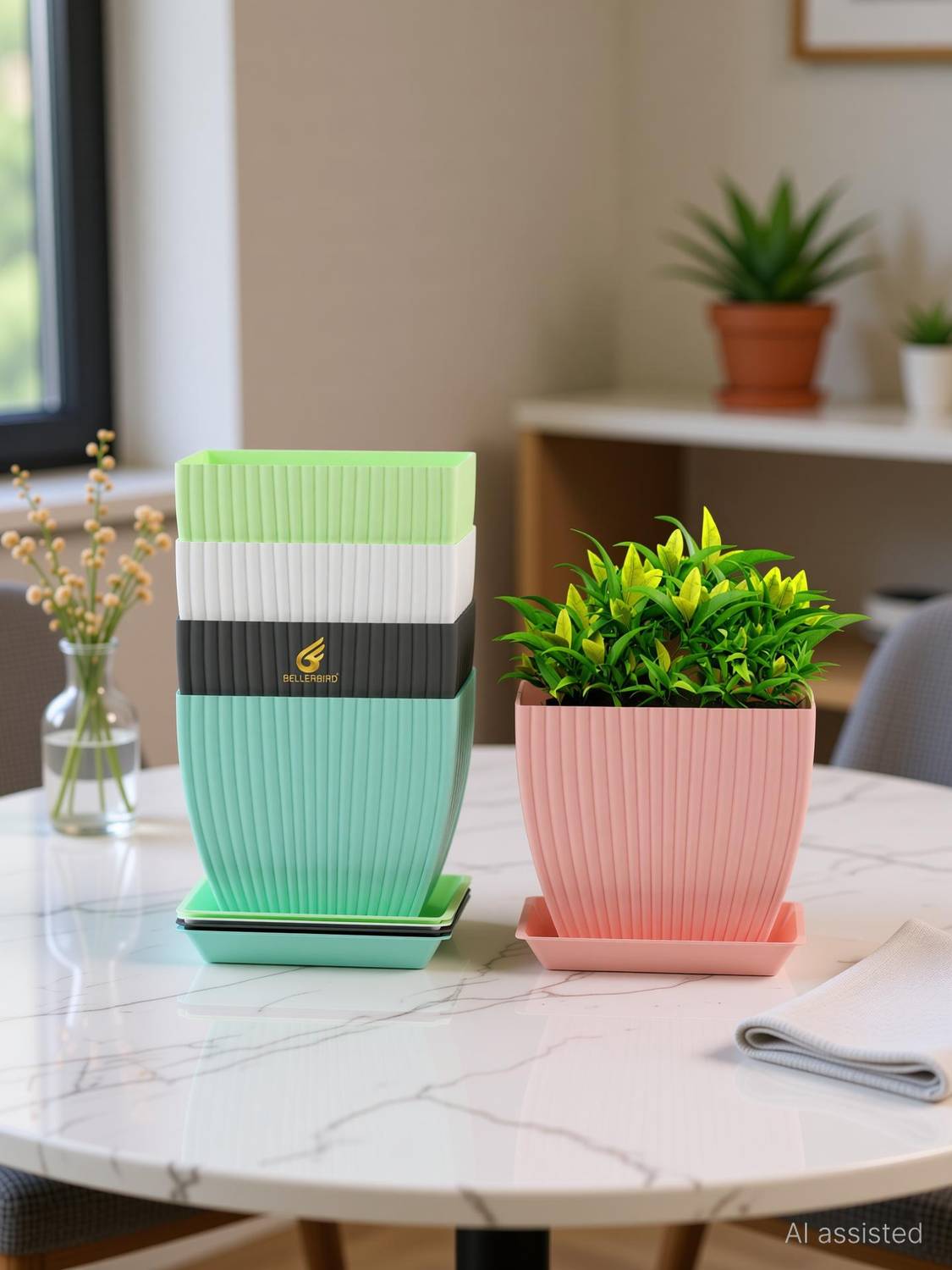 BELLERBIRD Square 5 Pack Flower Pots Outdoor Indoor Planters with Drainage Hole and Tray Plastic Vase