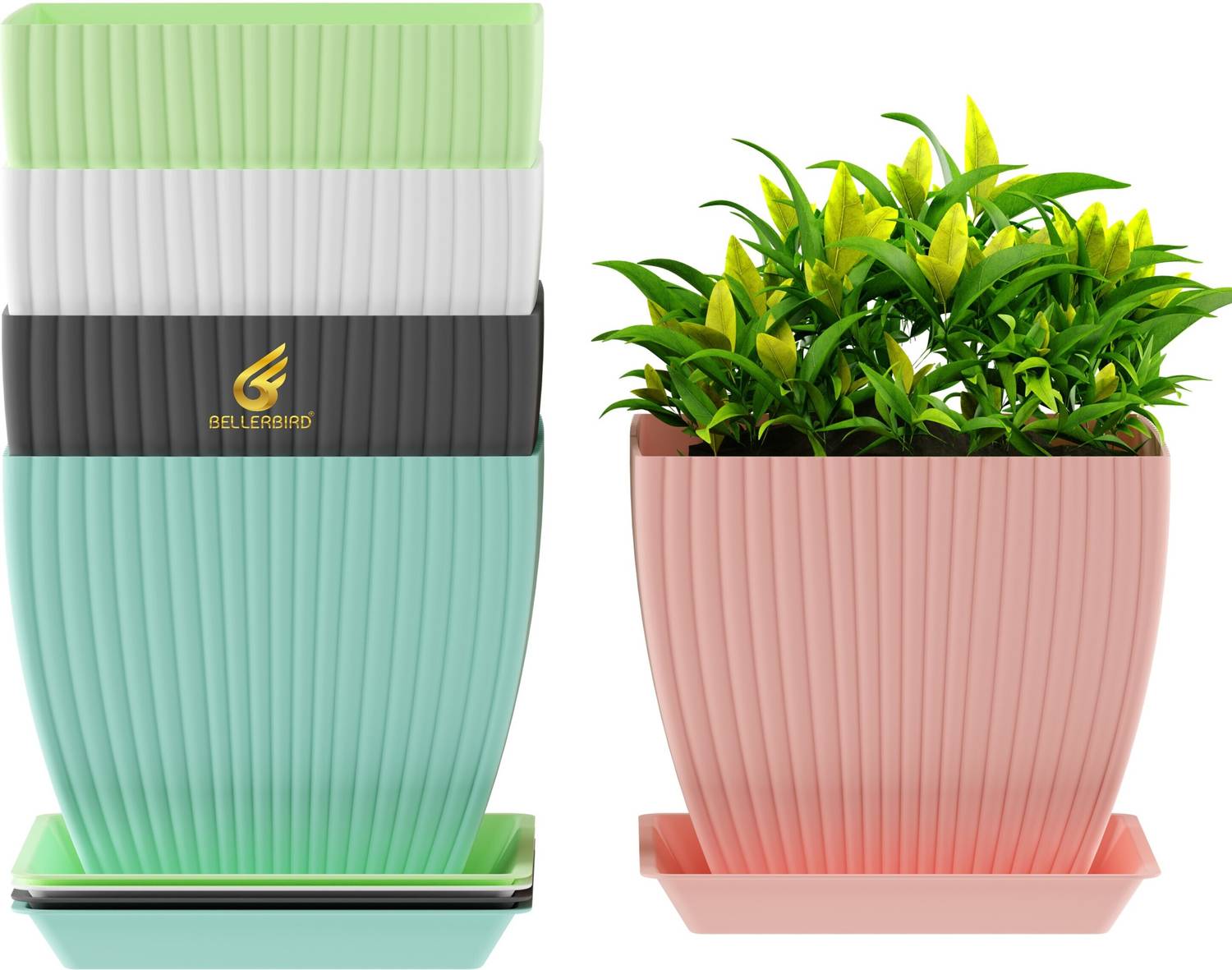 BELLERBIRD Square 5 Pack Flower Pots Outdoor Indoor Planters with