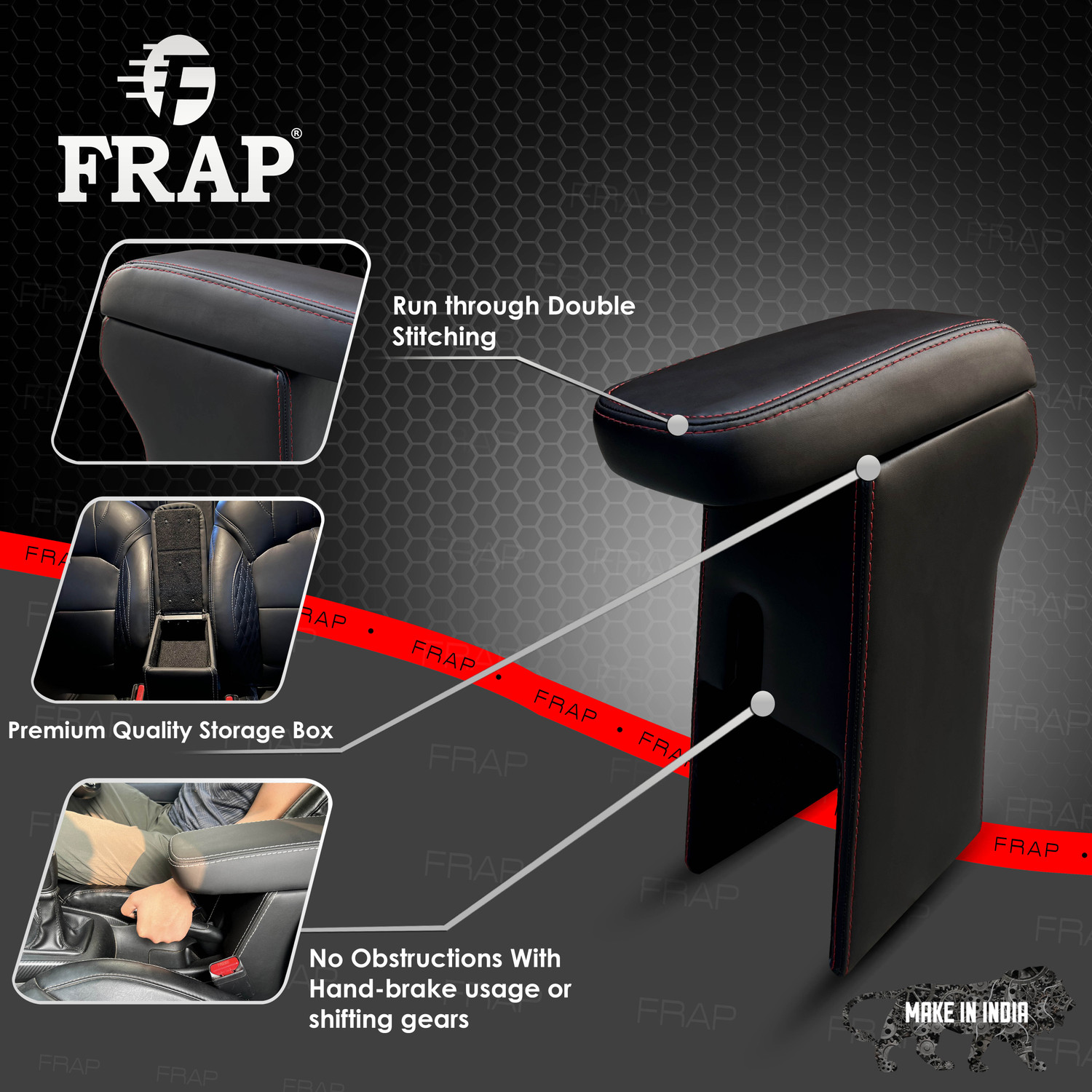 Image of Frap Premium Armrest For Maruti New WagonR with Moulded Foam(Nappa,Red Stitching) Car Armrest
