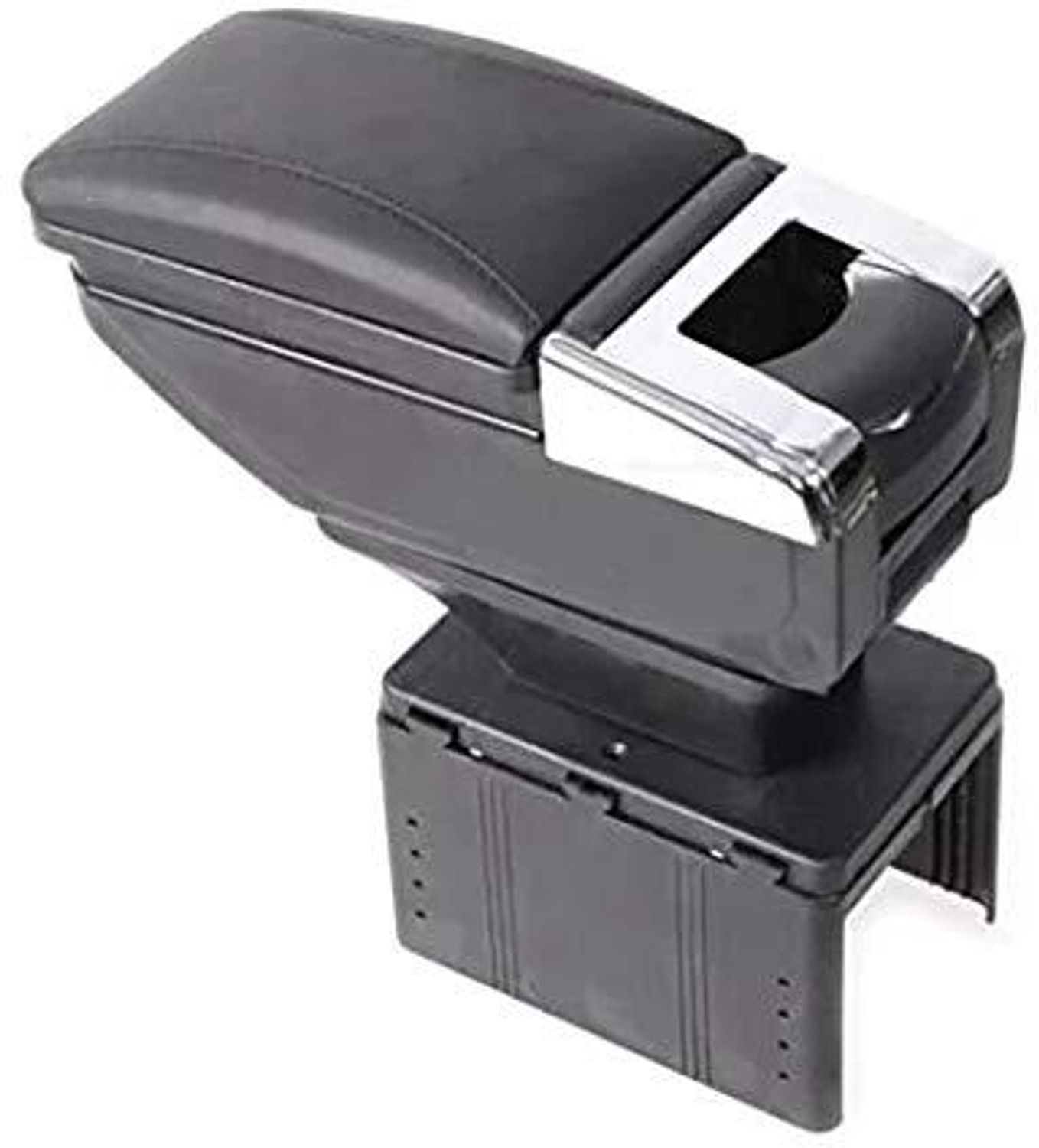 Image of AutoBizarre Black PU leather Armrest in Chrome Design with Ash Tray, Cup Holder & Storage Car Armrest (Universal For Car, Universal For Car)