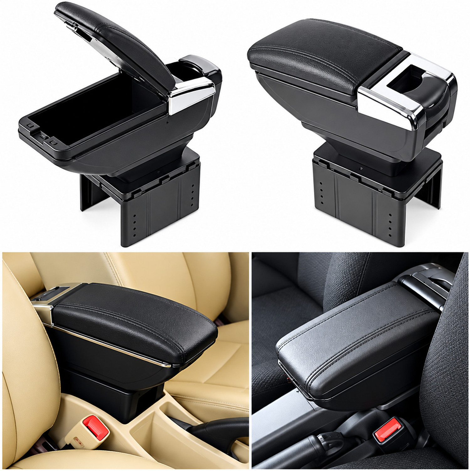 Image of AutoBizarre Black PU leather Armrest in Chrome Design with Ash Tray, Cup Holder & Storage Car Armrest (Universal For Car, Universal For Car)