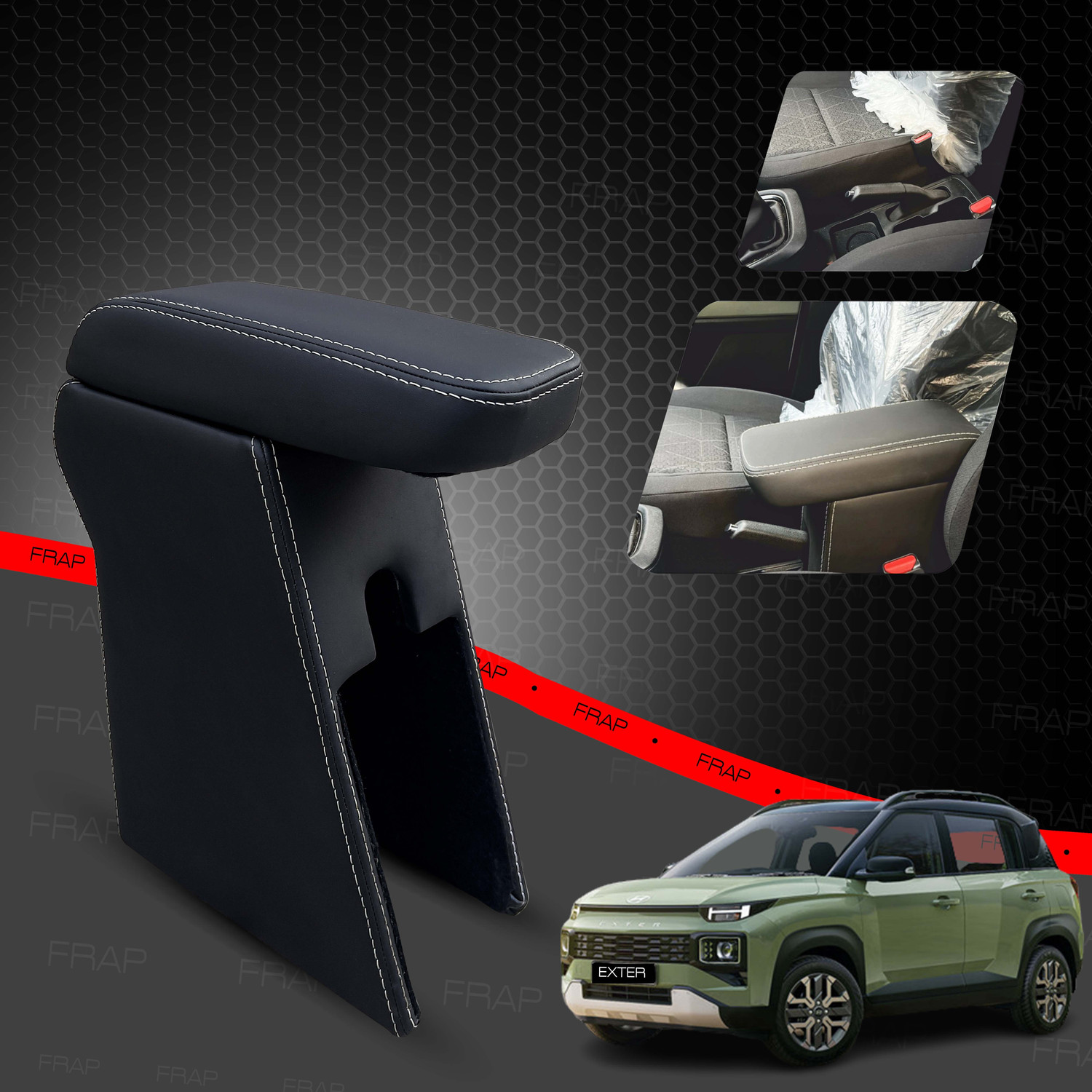 Image of Frap Premium Armrest For Hyundai Exter with Moulded Foam(Nappa,White Stitching) Car Armrest