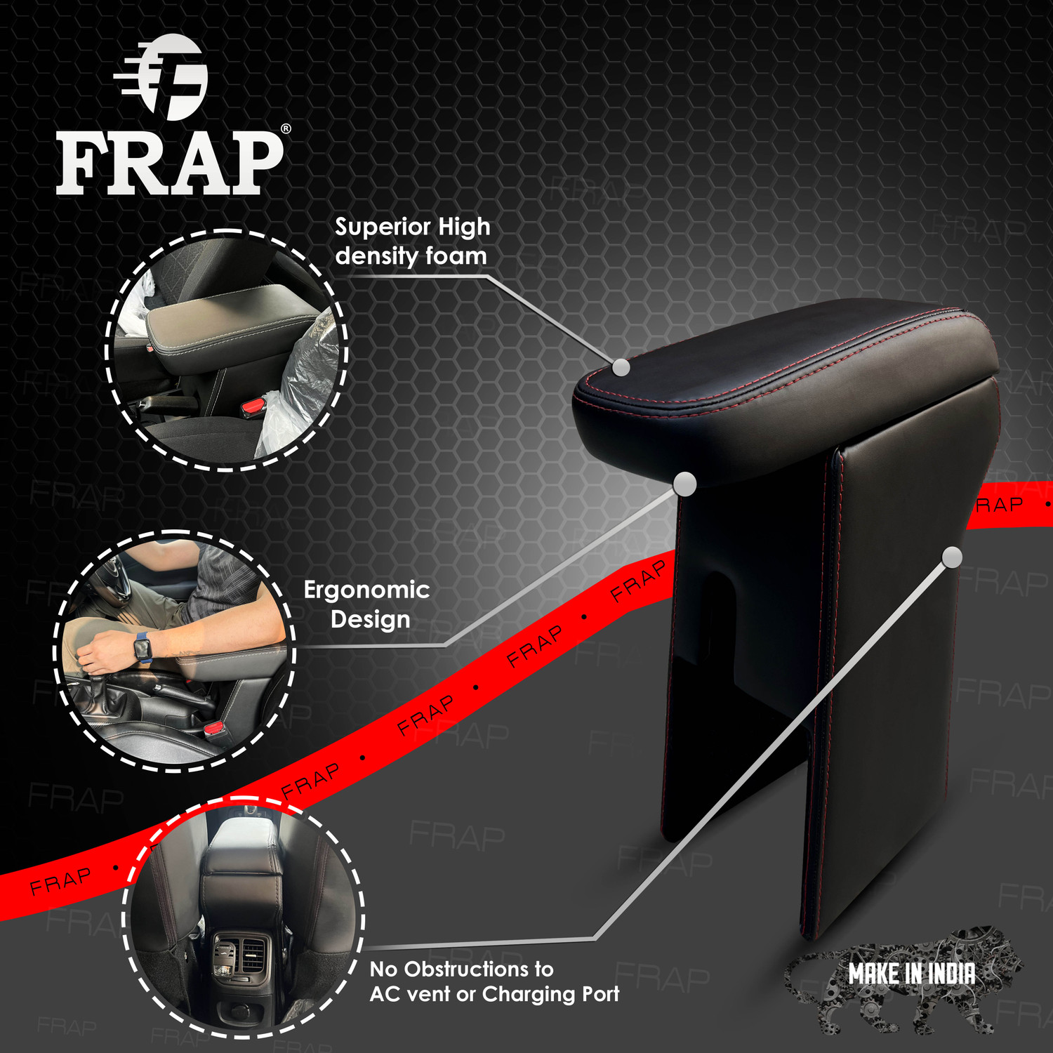 Image of Frap Premium Armrest For Maruti New WagonR with Moulded Foam(Nappa,Red Stitching) Car Armrest