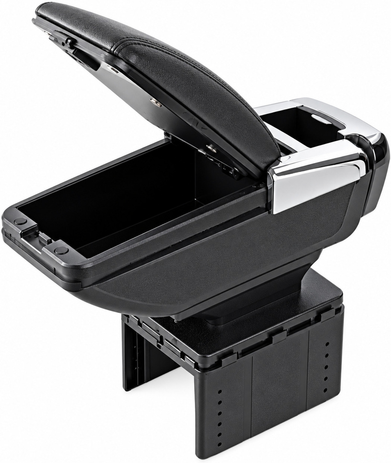 Image of AutoBizarre Black PU leather Armrest in Chrome Design with Ash Tray, Cup Holder & Storage Car Armrest (Universal For Car, Universal For Car)