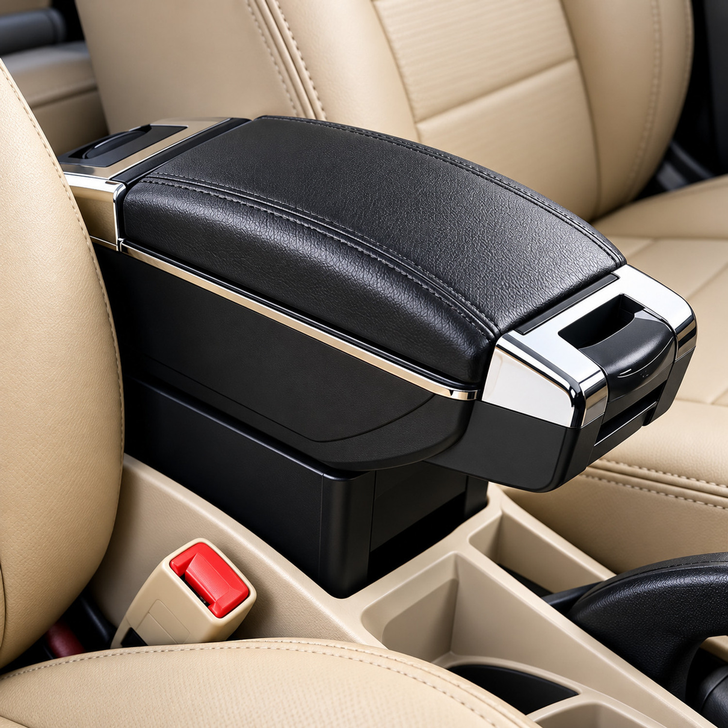 Image of AutoBizarre Black PU leather Armrest in Chrome Design with Ash Tray, Cup Holder & Storage Car Armrest (Universal For Car, Universal For Car)