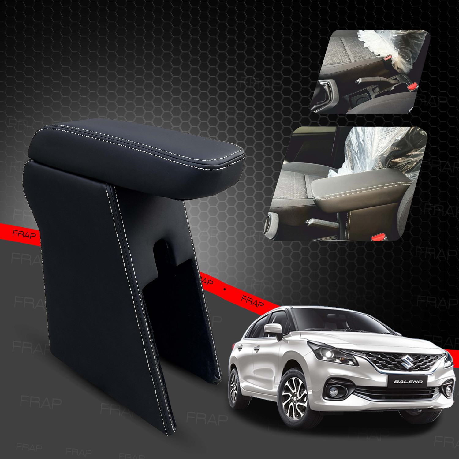 Image of Frap Premium Armrest For Maruti New Baleno with Moulded Foam(Nappa,White Stitching) Car Armrest