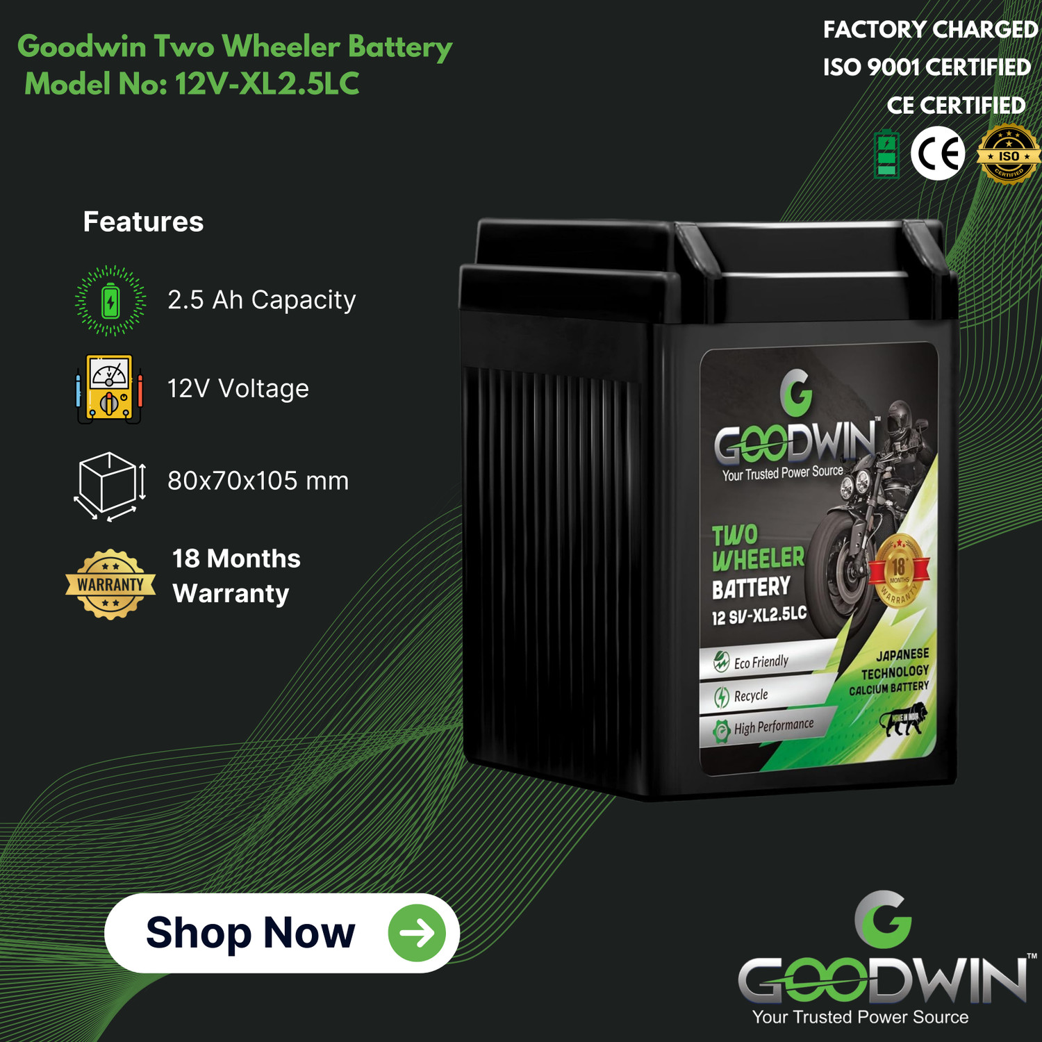 Image of Goodwin International 12 GW-XL2.5LC 18M 2.5 Ah Battery for Bike