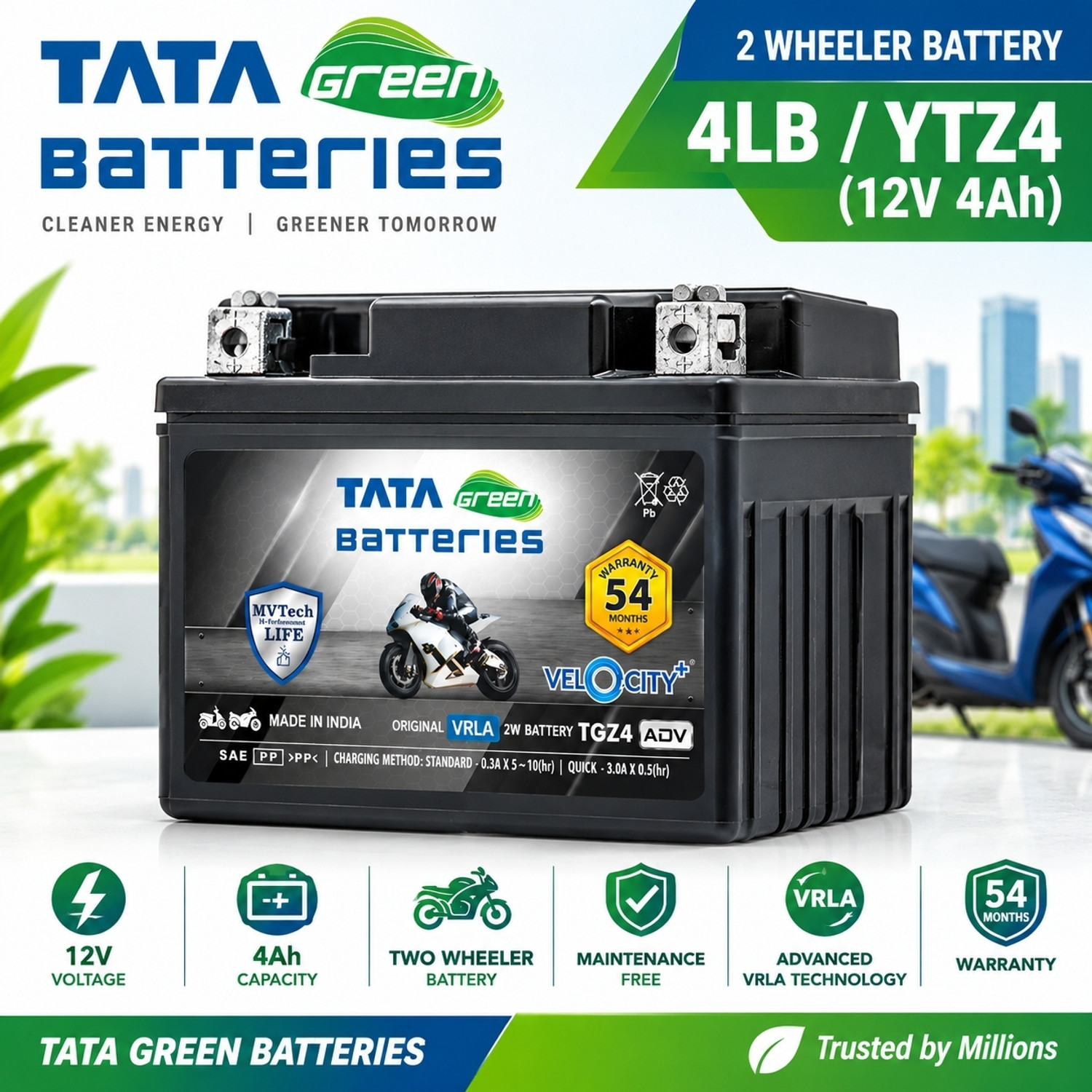 Image of Tata Green Battery TGZ4 ADV / YTZ4 4 Ah Battery for Bike