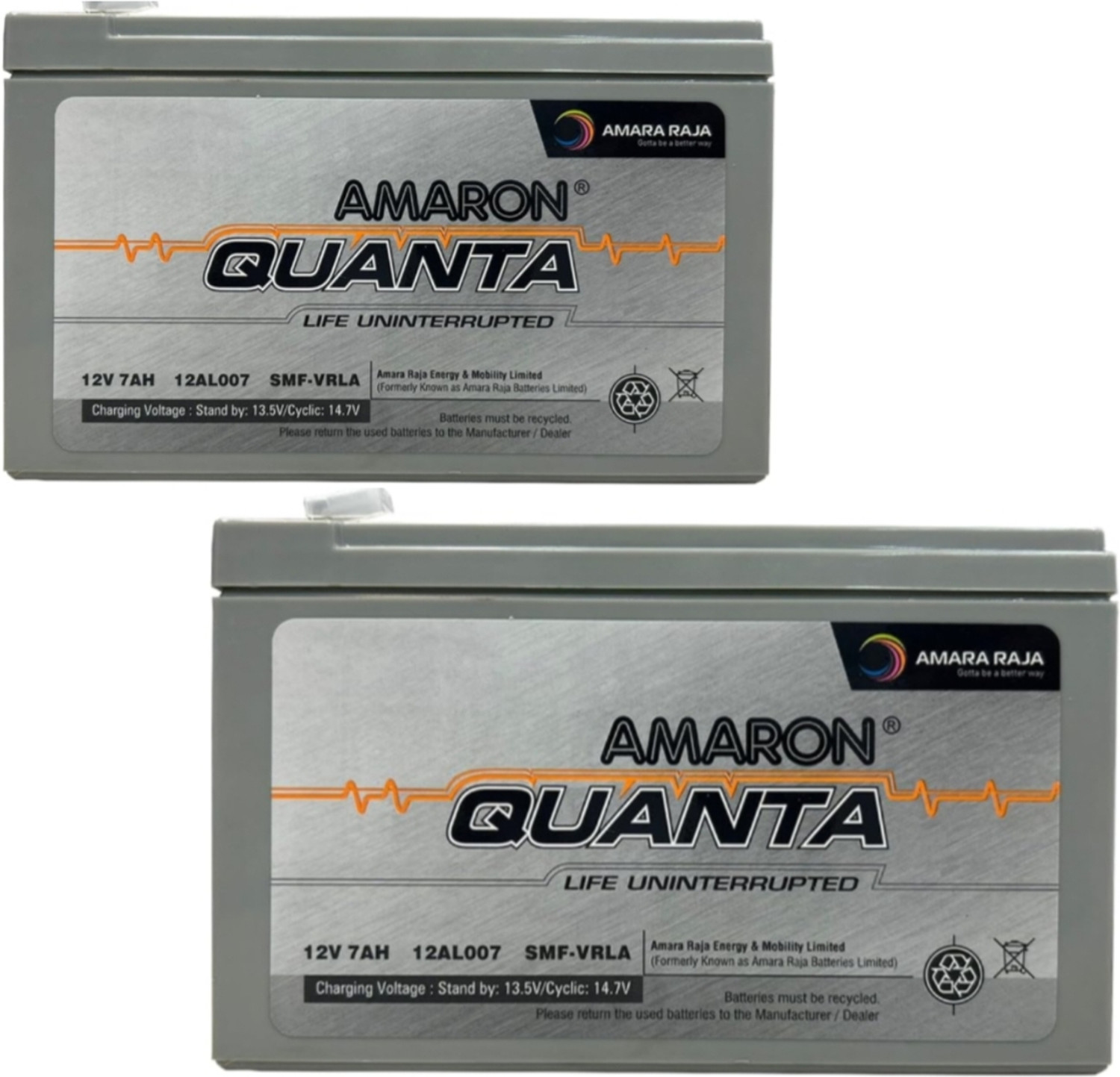Image of AMARON QUANTA UPS BATTERY (PACK OF 2) 12V 7Ah SMF UPS-Emergency Battery for All Vehicles 7 Ah Battery for All Vehicles