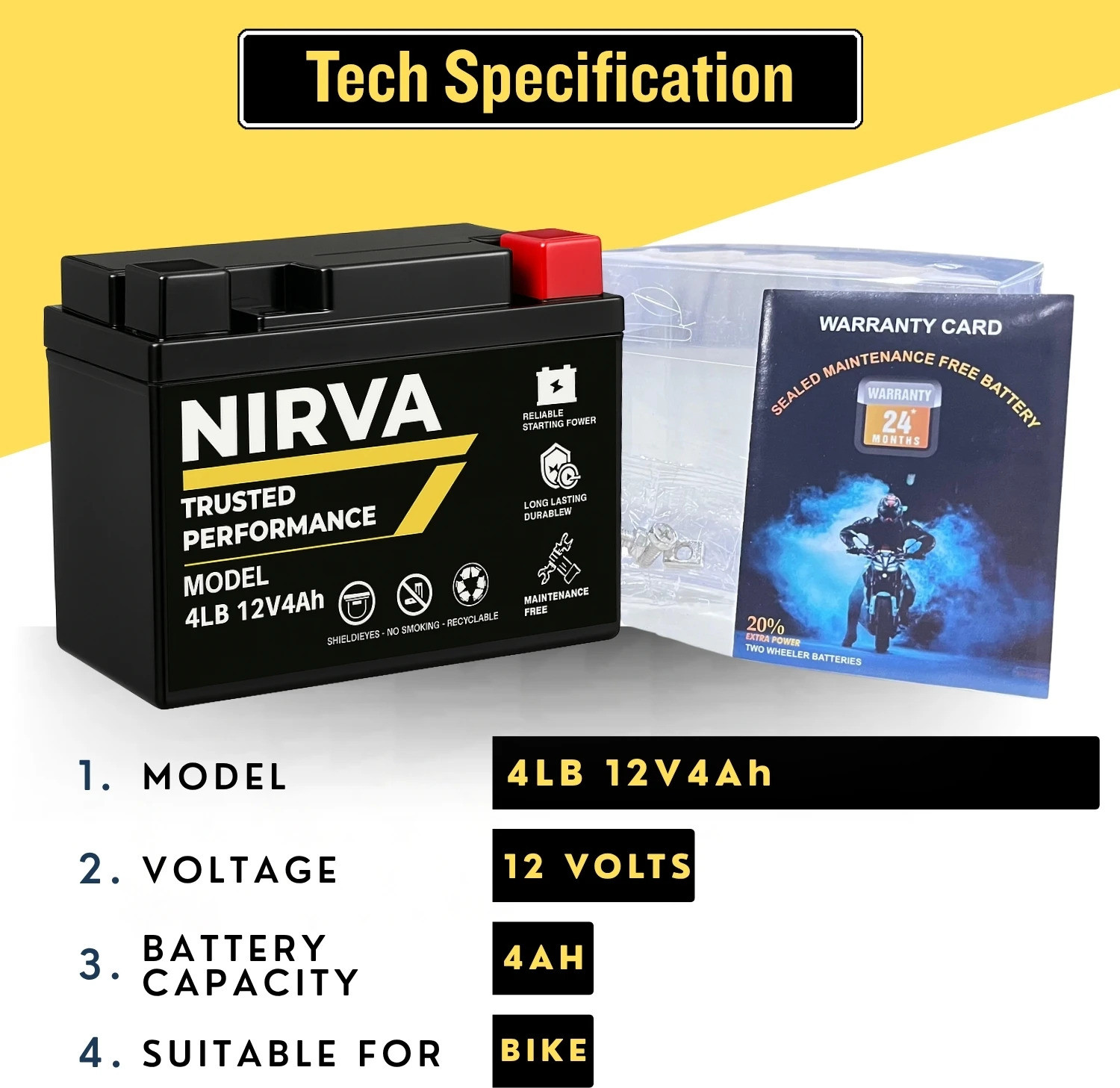 Image of Nirva NRX-4LB 12V 4Ah VRLA Rechargeable Maintenance Free, Leak Proof, Long-Life 4 Ah Battery for Bike