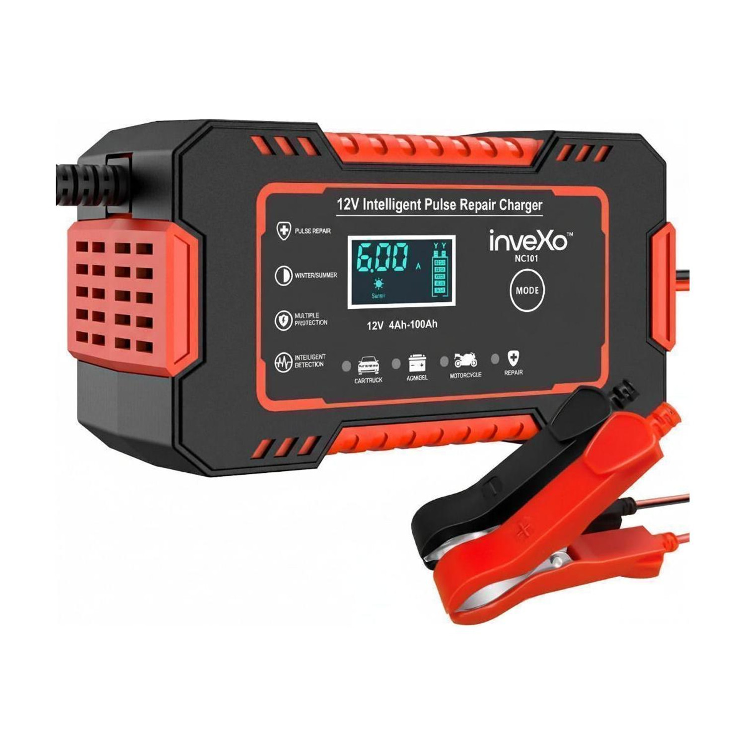 Image of inveXo 12V 6A Smart Car Bike Battery Charger | For Lead Acid, AGM, GEL, SLA Batteries 120 Ah Battery for All Vehicles