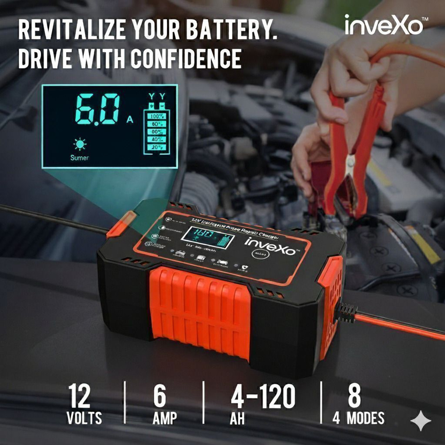 Image of inveXo 12V 6A Smart Car Bike Battery Charger | For Lead Acid, AGM, GEL, SLA Batteries 120 Ah Battery for All Vehicles