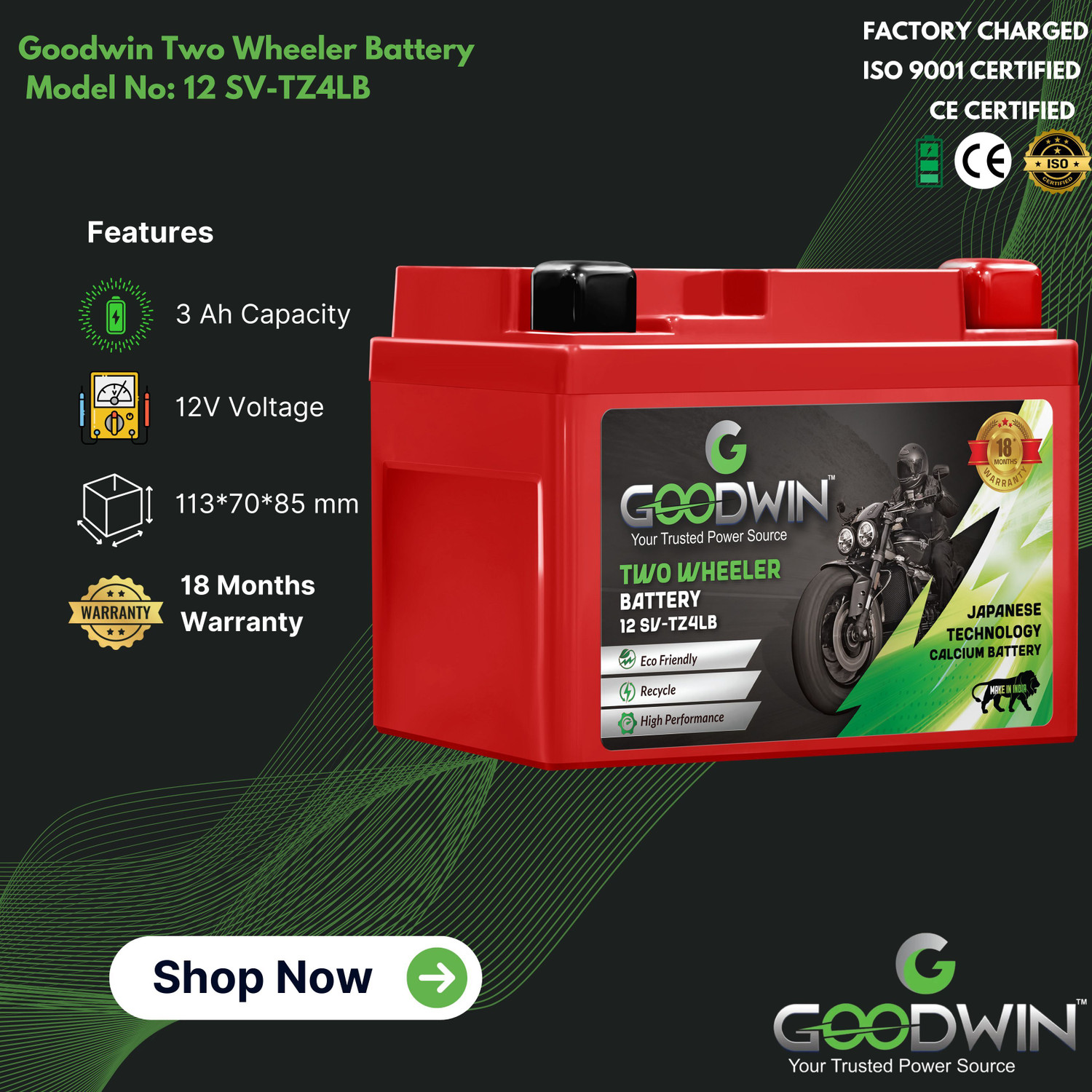 Image of Goodwin International 12 GW-TZ4LB | Red 4 Ah Battery for Bike