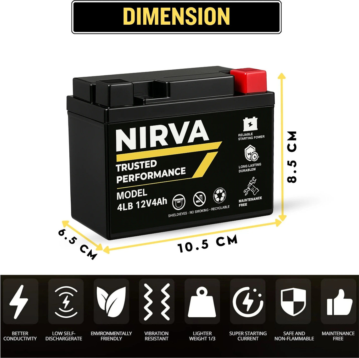 Image of Nirva NRX-4LB 12V 4Ah VRLA Rechargeable Maintenance Free, Leak Proof, Long-Life 4 Ah Battery for Bike