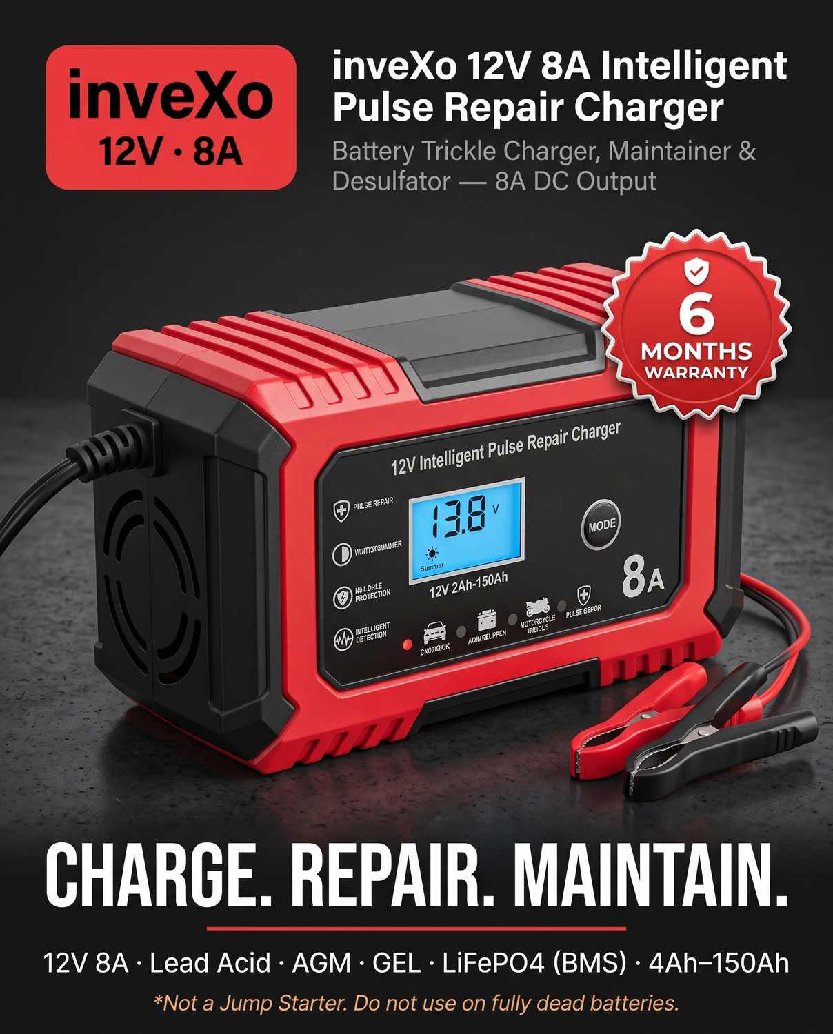 Image of inveXo 12V 8A Automatic Smart Battery Charger | For Lead Acid, AGM, GEL, SLA Batteries 150 Ah Battery for All Vehicles