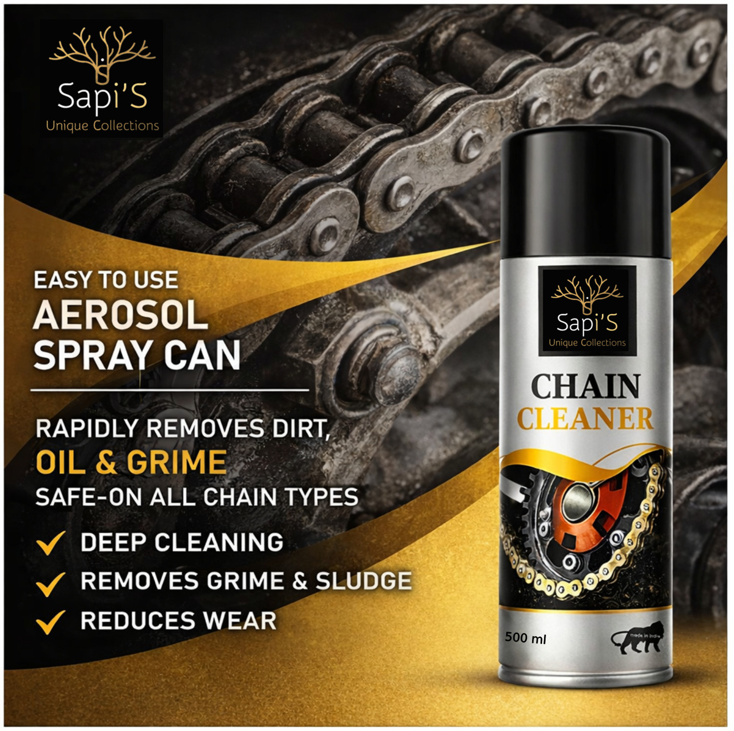 Image of SAPI'S Chain Lubricant Spray 500 ml and Chain Cleaning Spray 500 ml, Bike Cleaning Kit Vehicle Brake Cleaner