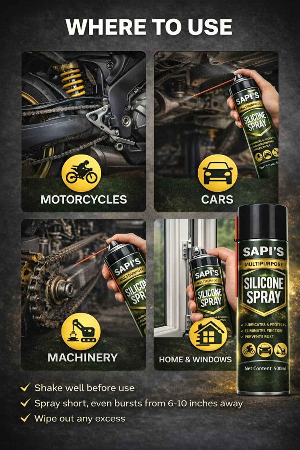Image of SAPI'S SapiS Silicone Lubricant Spray 500 ml for Doors, Locks & Vehicles Vehicle Brake Cleaner