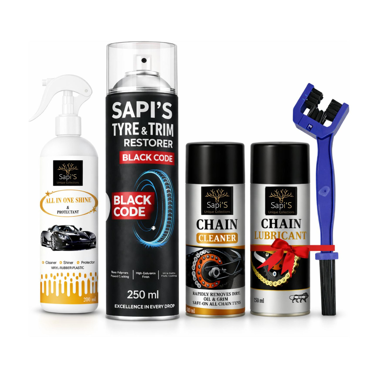 Image of SAPI'S All in One Polish 200 ml, Tyre Trim 250 ml, Chain Lube & Cleaner & Brush Vehicle Brake Cleaner