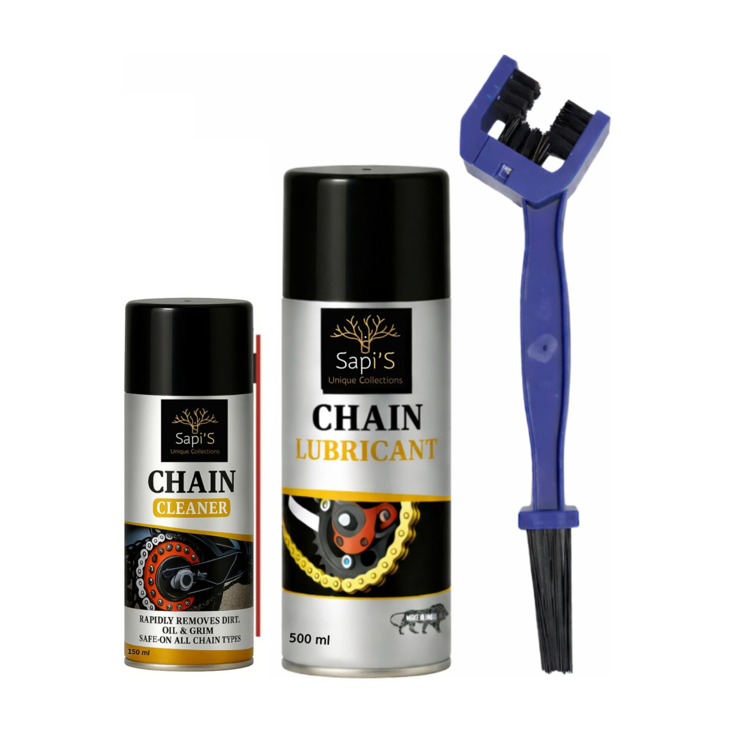 Image of SAPI'S Bike Chain Cleaner Spray 150 ml and Chain Lubricant Spray 500 ml &Chain Brush Vehicle Brake Cleaner