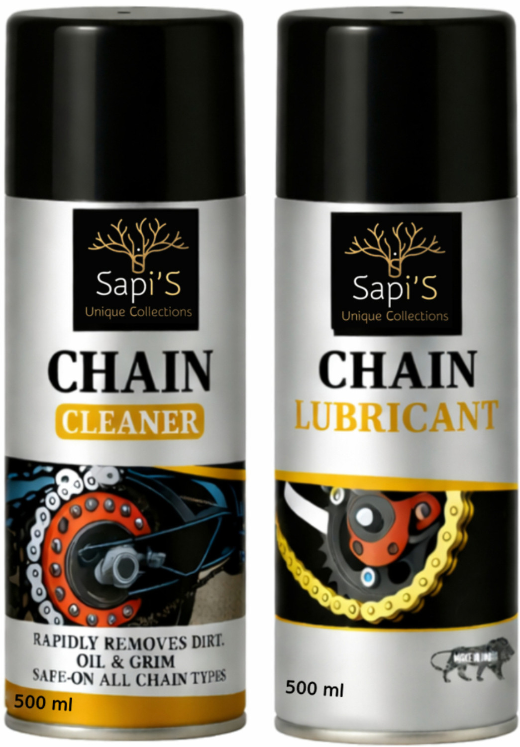 Image of SAPI'S Chain Lubricant Spray 500 ml and Chain Cleaning Spray 500 ml, Bike Cleaning Kit Vehicle Brake Cleaner