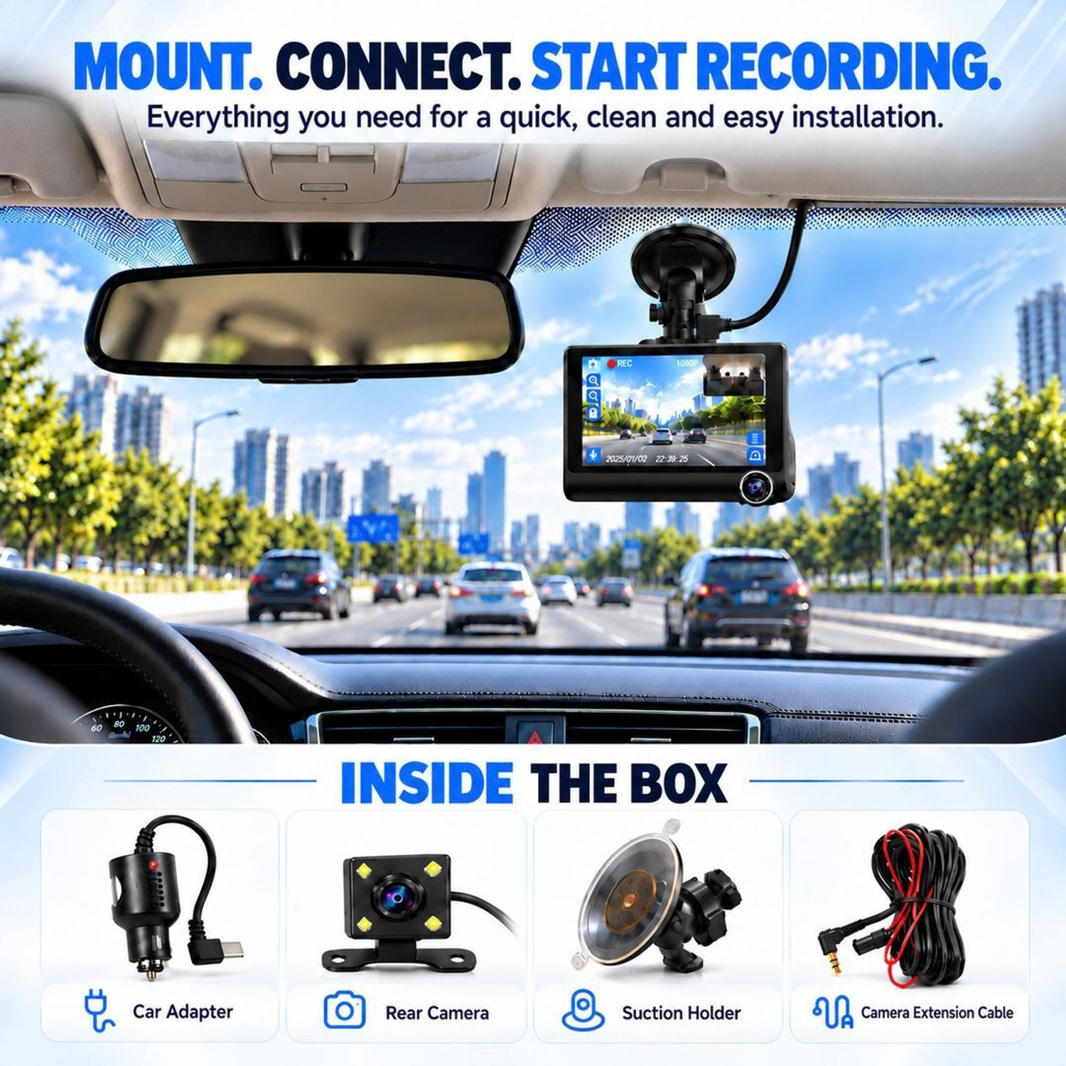 Image of Modorwy TRUVIS Car Dashboard Camera | Front Rear Cabin Recording | 1080P Full HD In-car Camera System (3 Camera, Full HD 1080P)