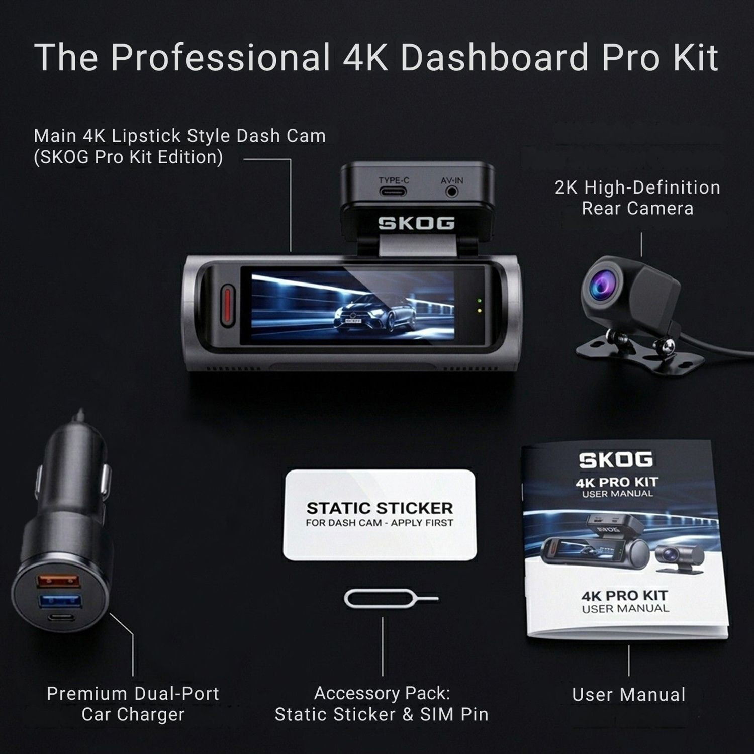 Image of SKOG 4K Camera Front Rear View, Night Vision, 24h Parking Monitoring, G-Sensor, Wifi6 Dashboard, Reverse Assist Camera System