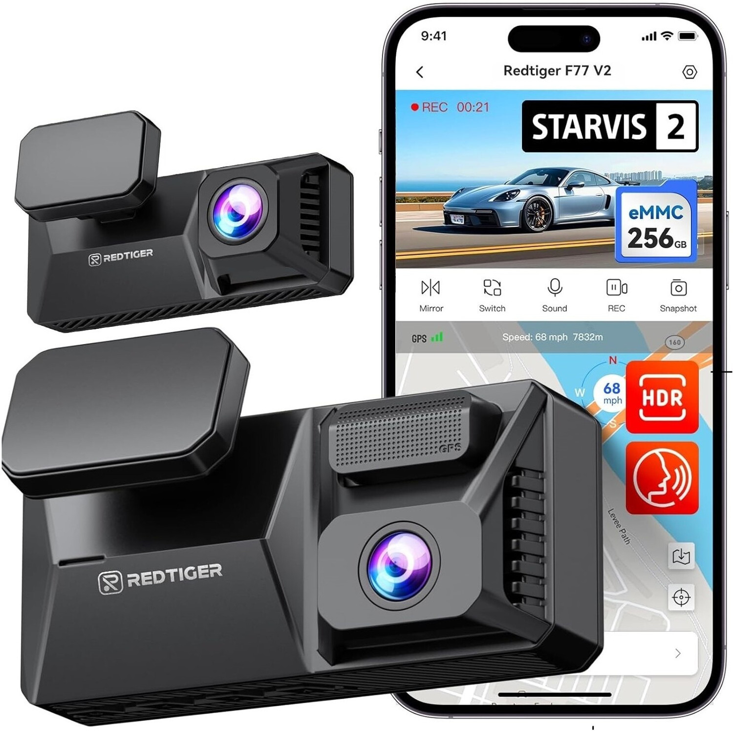 Image of Redtiger F77 V2 Dual 4K Dash Cam 256GB eMMC STARVIS2 HDR 4 inch Touch WiFi GPS Dashboard Camera System