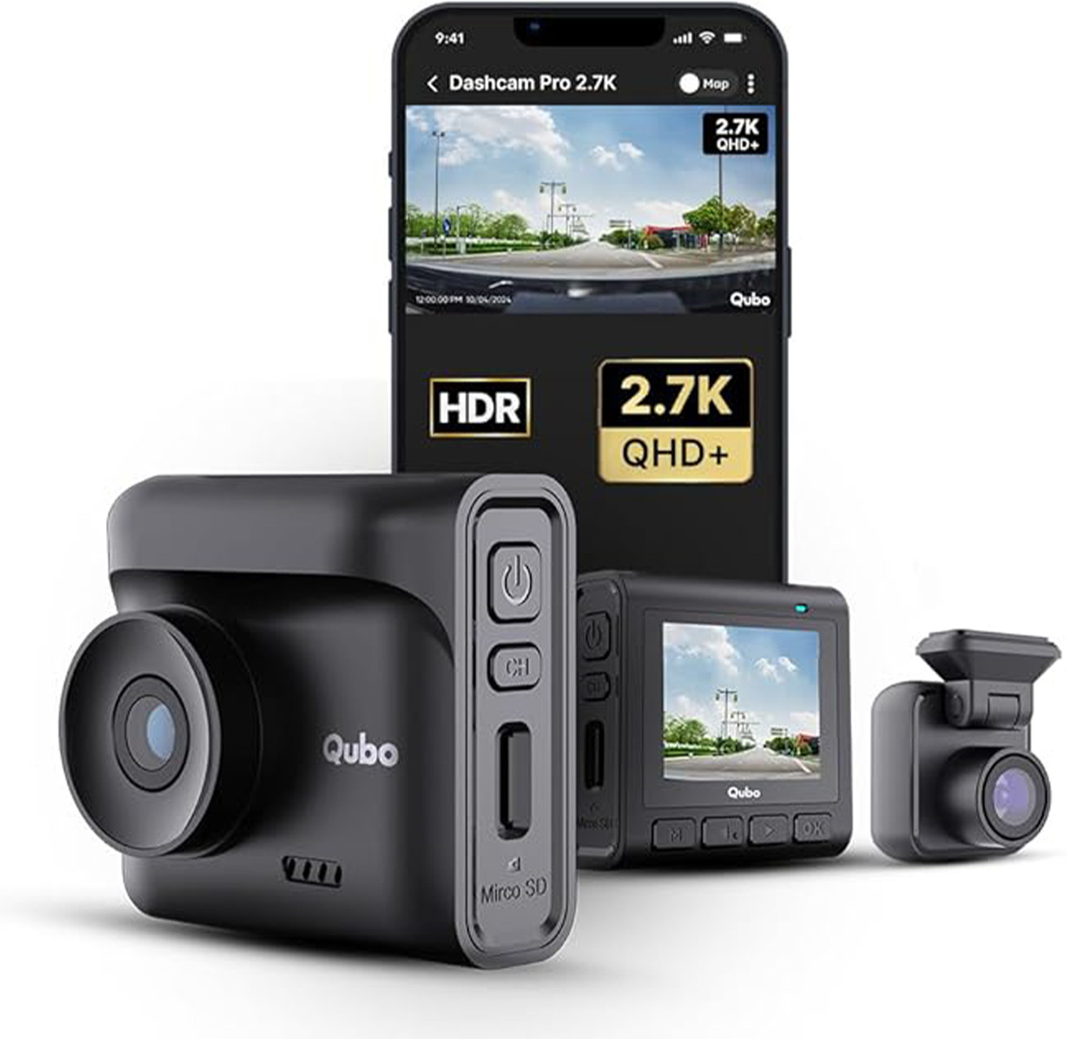Image of Qubo Smart Dashcam Pro 2.7K + Rear| QHD+| 5MP & 2MP| NightPulse Vision| GPS| 2LCD In-car Camera System