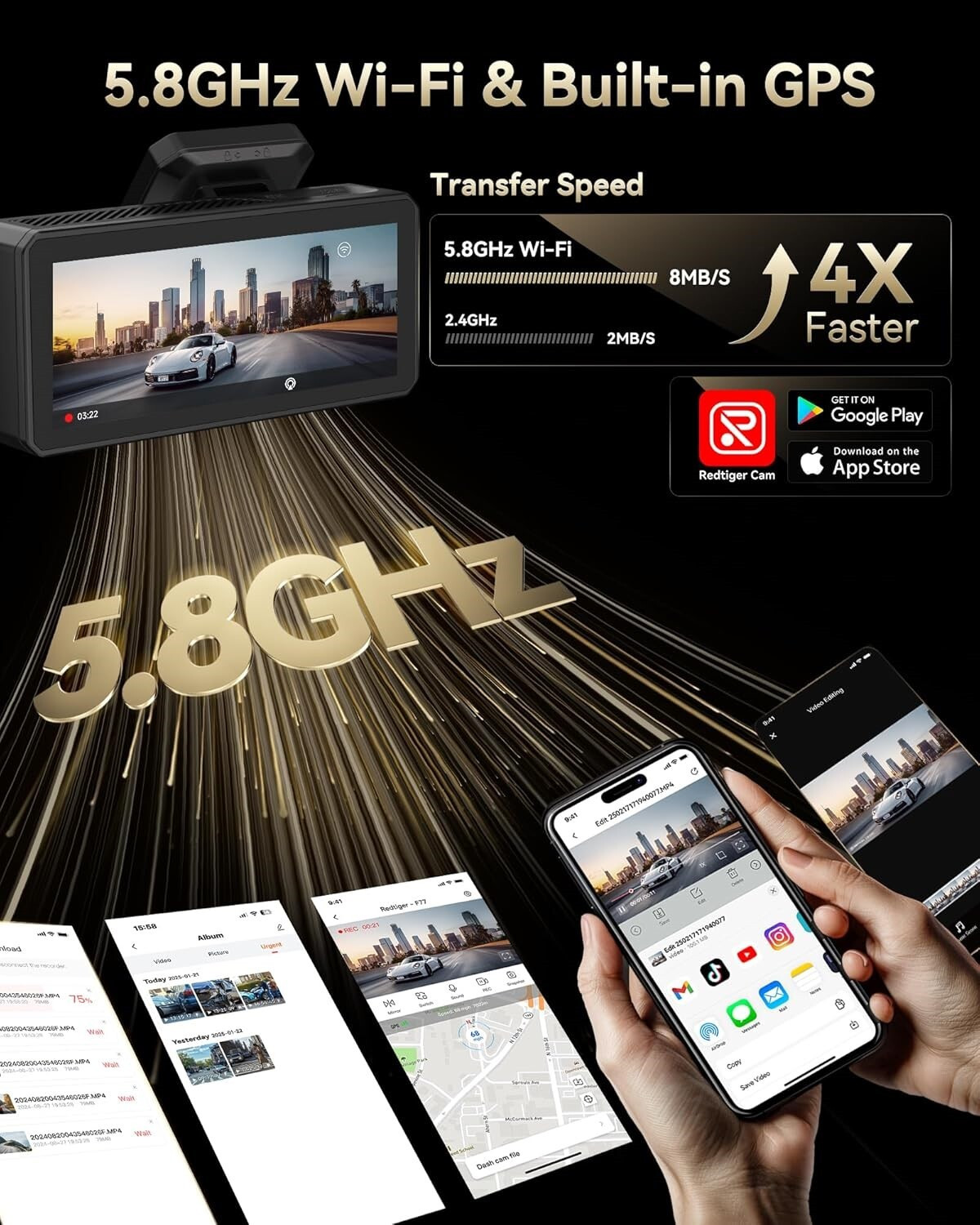 Image of Redtiger F77 V2 Dual 4K Dash Cam 256GB eMMC STARVIS2 HDR 4 inch Touch WiFi GPS Dashboard Camera System