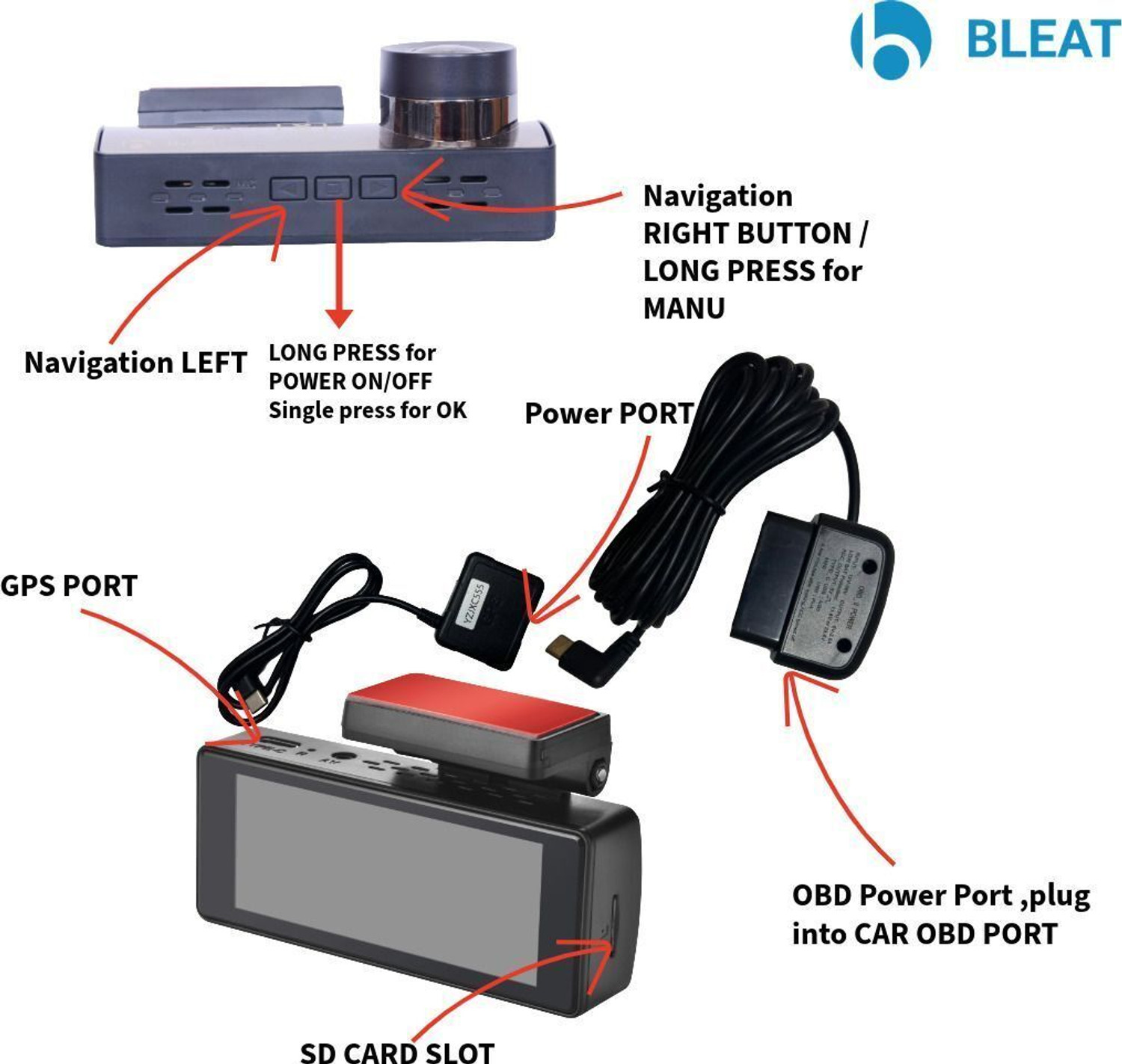 Image of BLEAT 4K DUAL CAR DASHCAM| GPS|G-SENSOR|OBD CONNECTIVITY|ADAS|512GB SUPPORT|STARVIS2 Dashboard Camera System