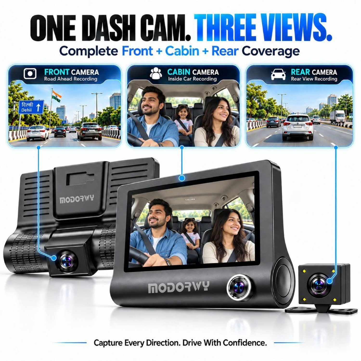 Image of Modorwy TRUVIS Car Dashboard Camera | Front Rear Cabin Recording | 1080P Full HD In-car Camera System (3 Camera, Full HD 1080P)