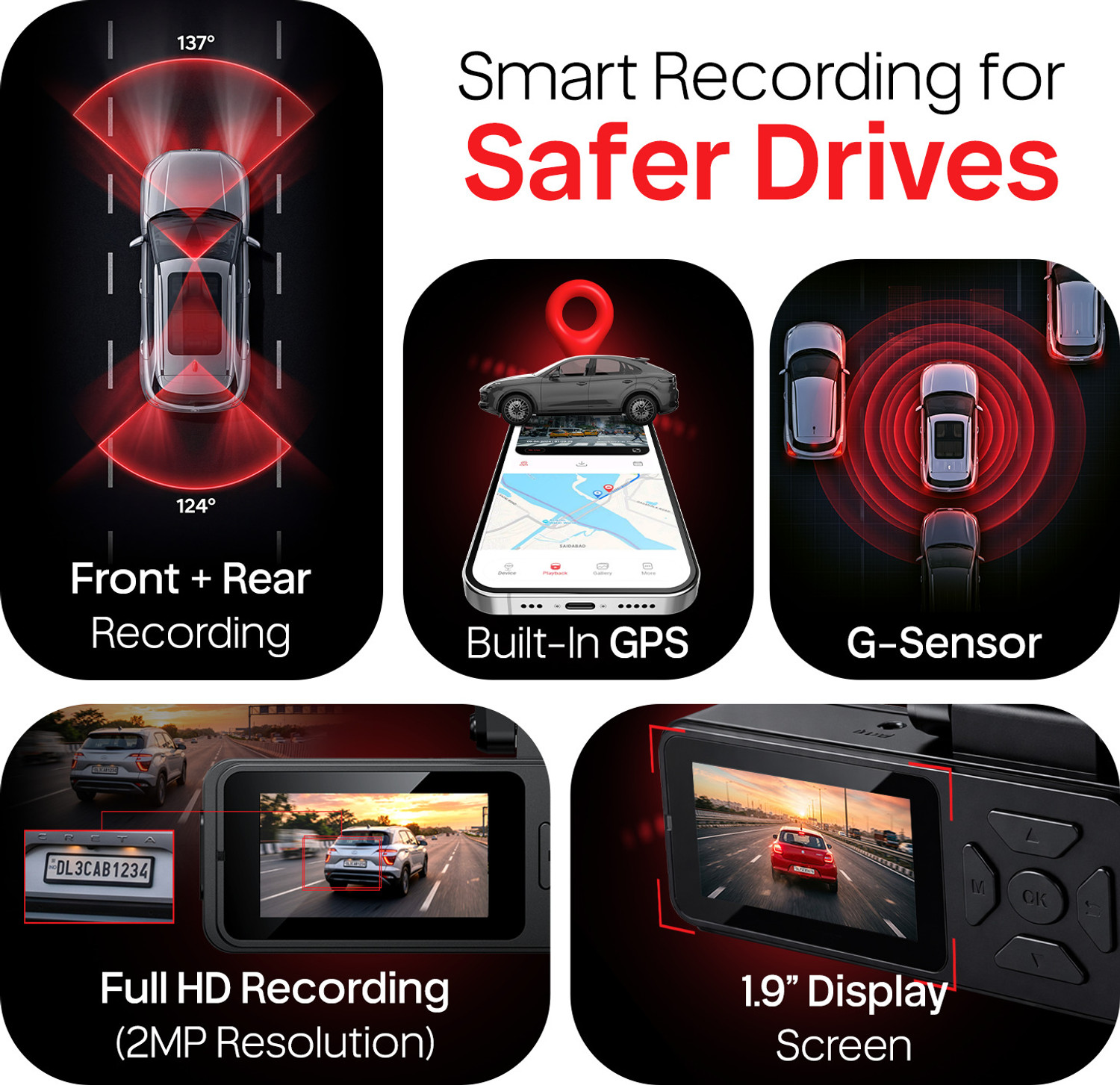 Image of CP PLUS Full HD Car Dashcam Front + Rear GPS 1.9 inch Display Night Vision Dashboard Camera System