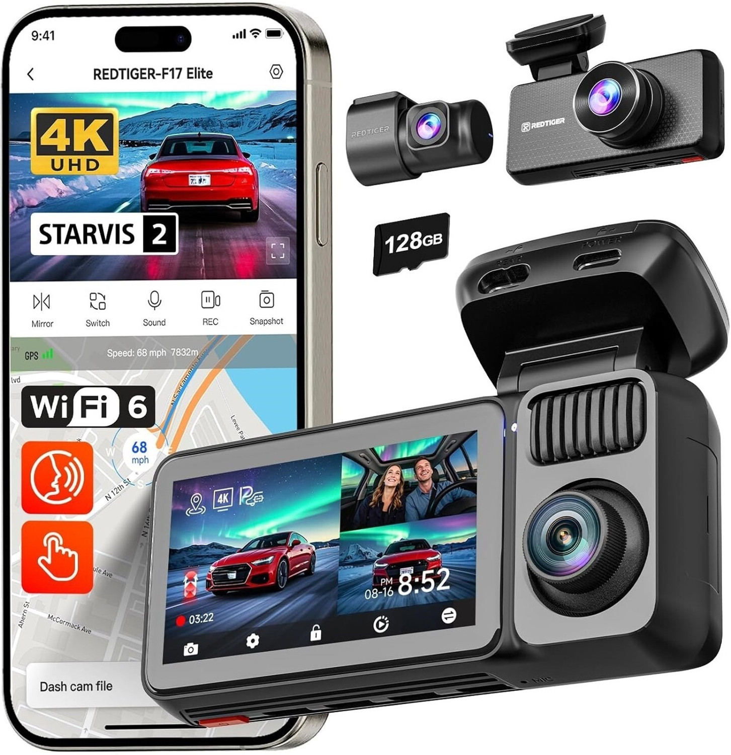 Image of Redtiger F17 Elite 4K 3CH Dash Cam STARVIS2 4K+2.5K+1080P GPS WiFi Touch Voice Dashboard Camera System