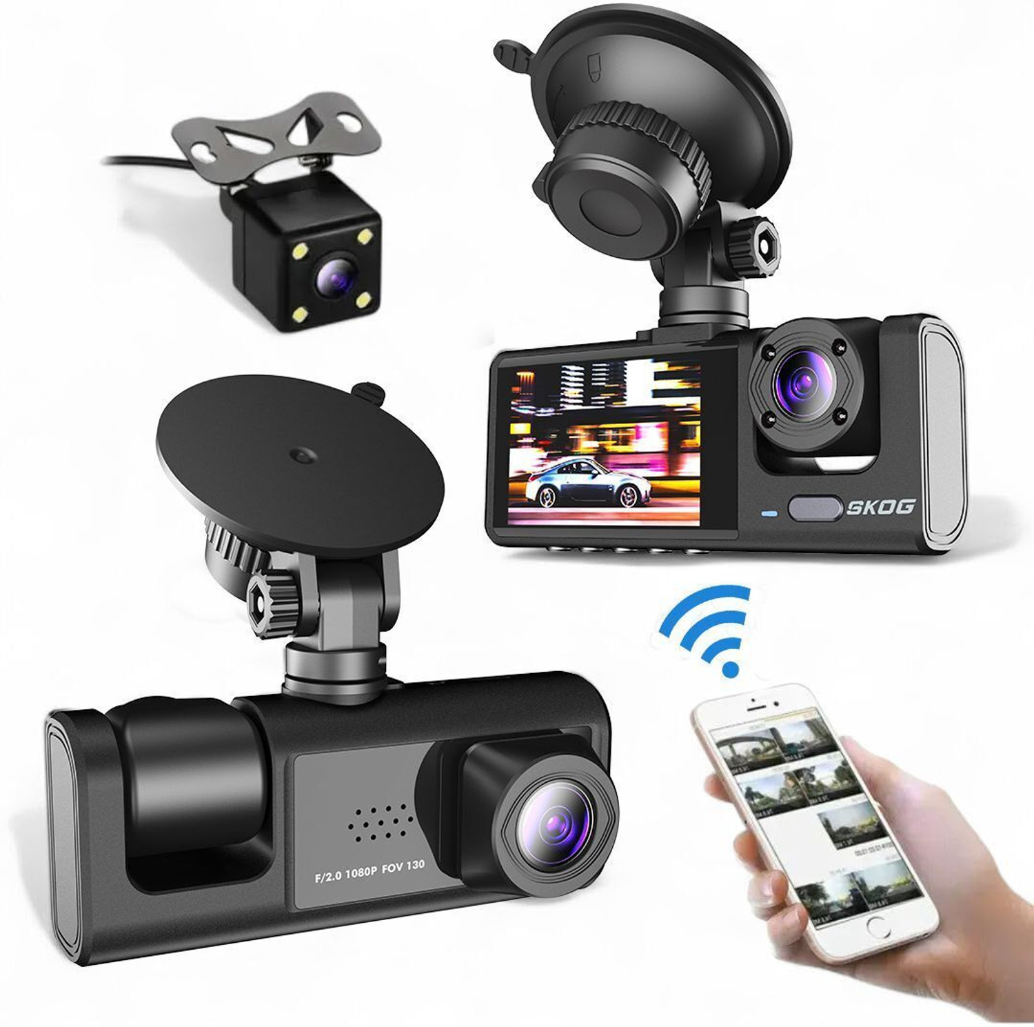 Image of SKOG DashCam 3 Channel Dashboard Camera Night Vision 24h Parking Monitoring 170 Angle Dashboard, Reverse Assist Camera System