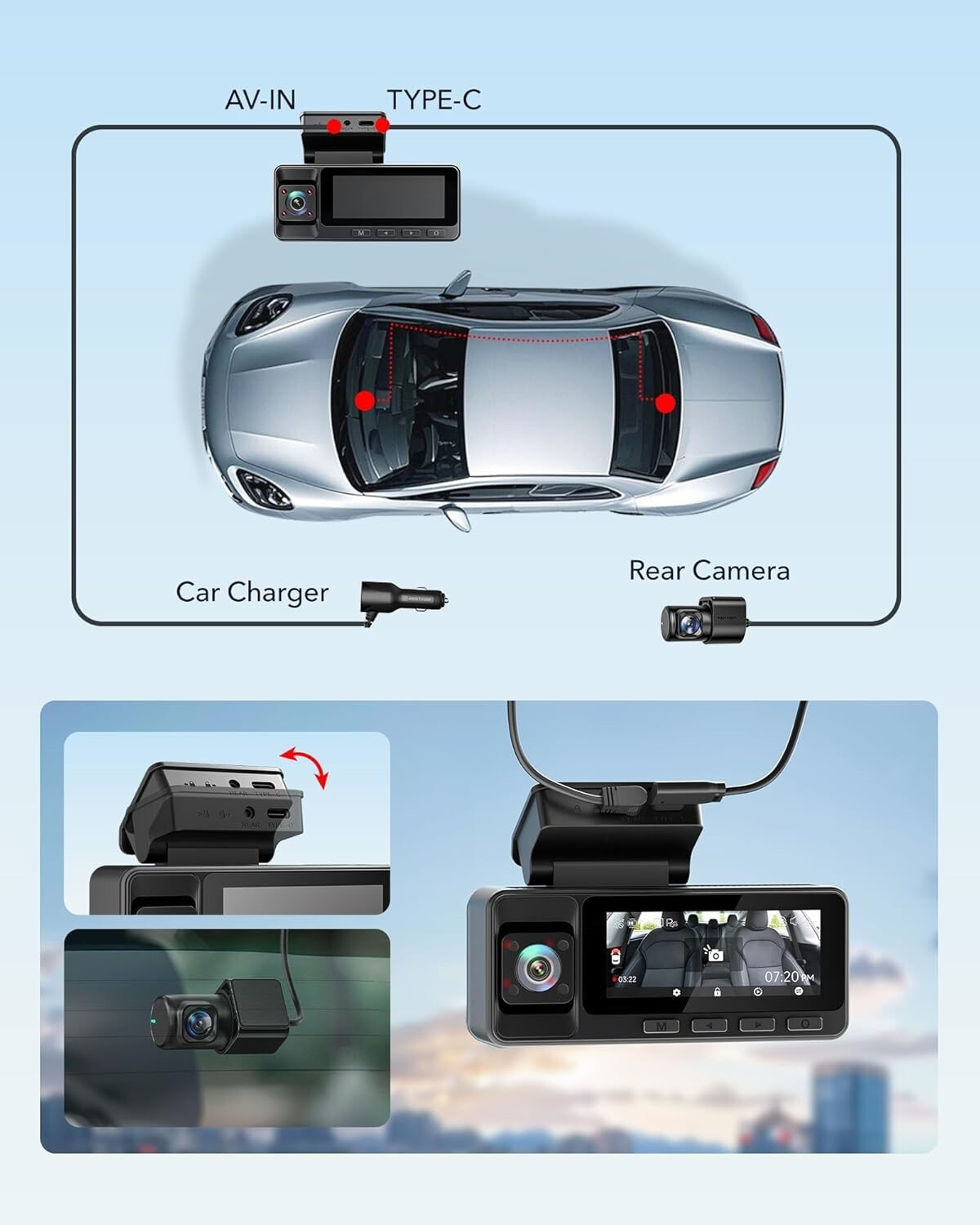 Image of Redtiger A3 3CH Dash Cam 2.5K+1080P+1080P WiFi 3.18 inch Screen Front Rear Inside Dashboard Camera System