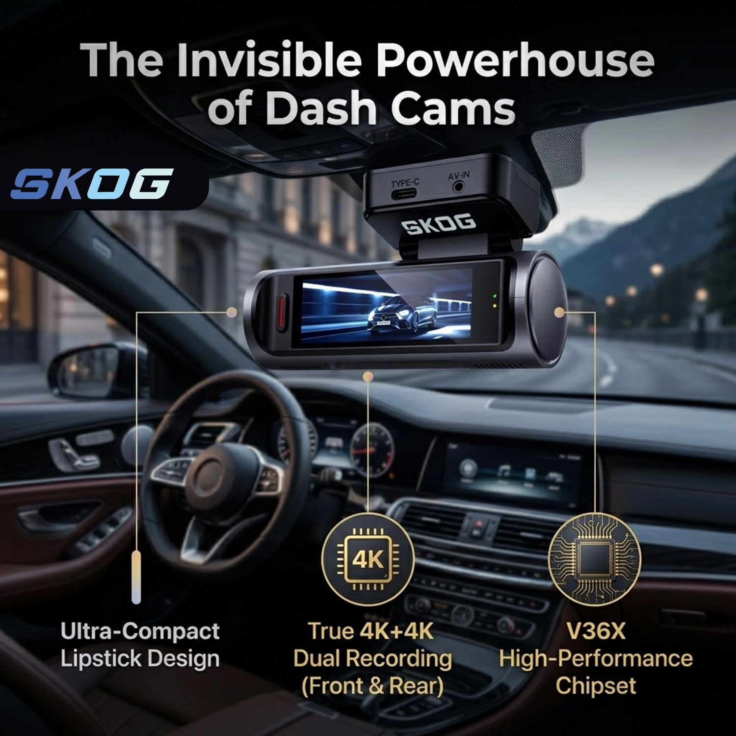 Image of SKOG 4K Camera Front Rear View, Night Vision, 24h Parking Monitoring, G-Sensor, Wifi6 Dashboard, Reverse Assist Camera System
