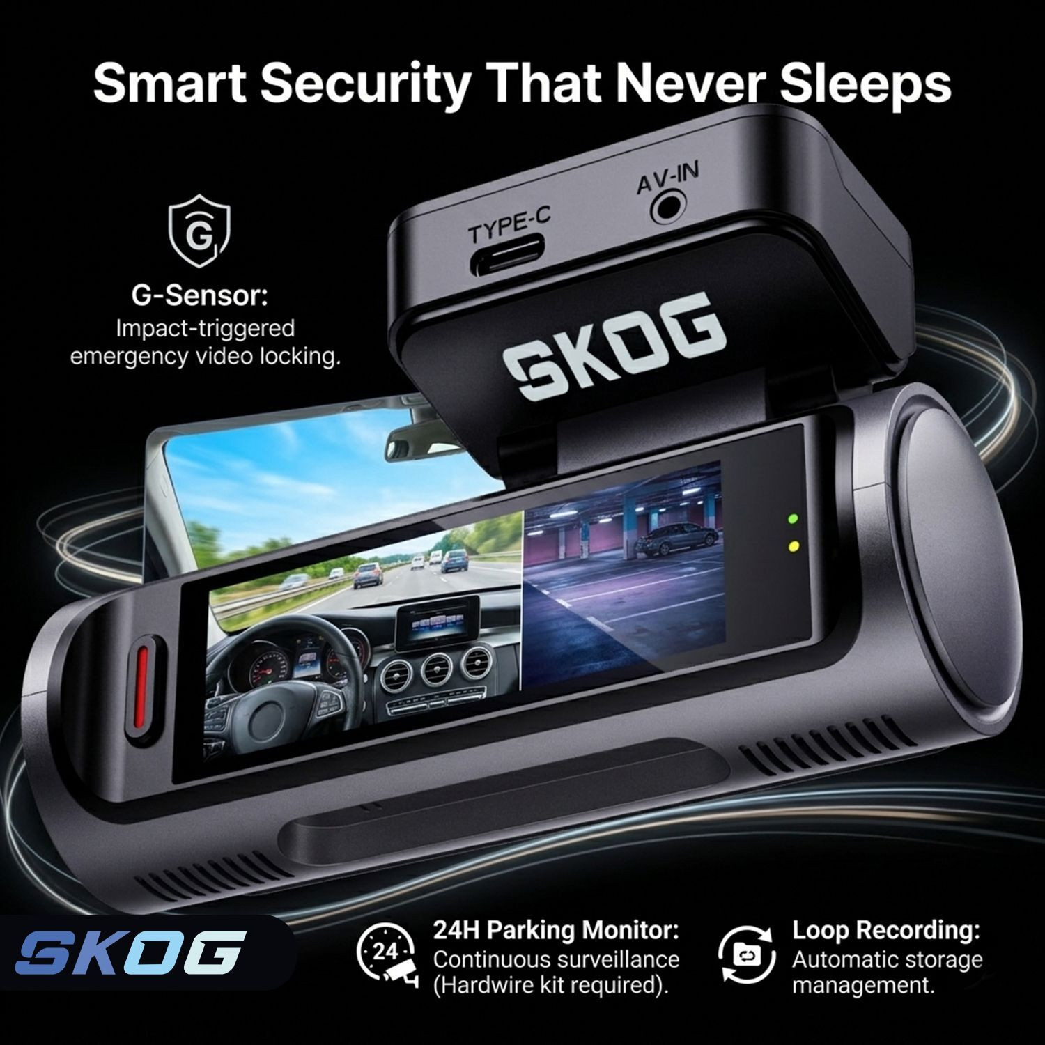 Image of SKOG 4K Camera Front Rear View, Night Vision, 24h Parking Monitoring, G-Sensor, Wifi6 Dashboard, Reverse Assist Camera System