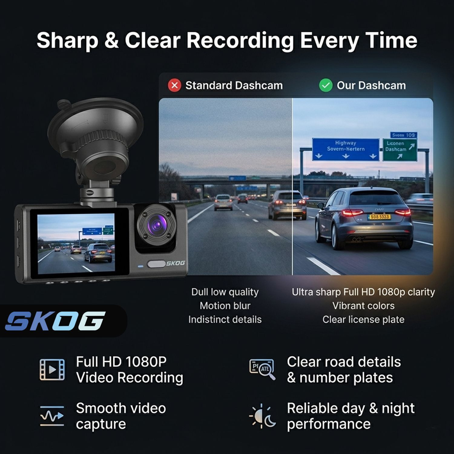 Image of SKOG DashCam 3 Channel Dashboard Camera Night Vision 24h Parking Monitoring 170 Angle Dashboard, Reverse Assist Camera System