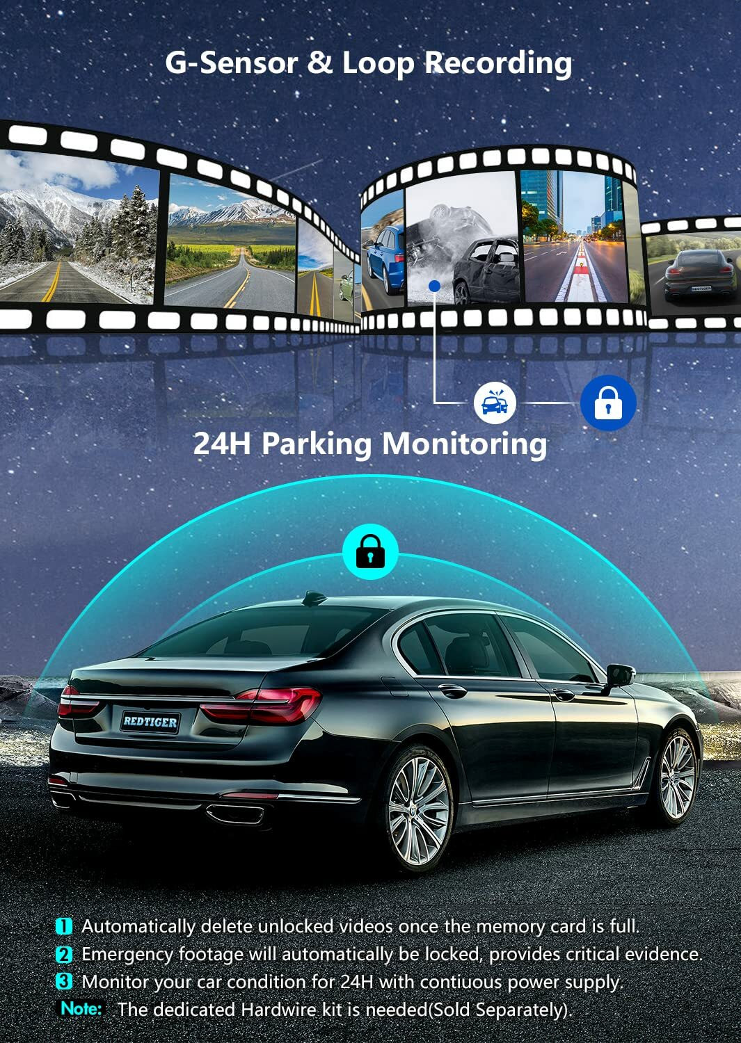 Image of Redtiger Wi-Fi GPS,3.16 inch LCD Screen,Night Vision,170 Wide Angle,WDR,G-Sensor Reverse Assist Camera System