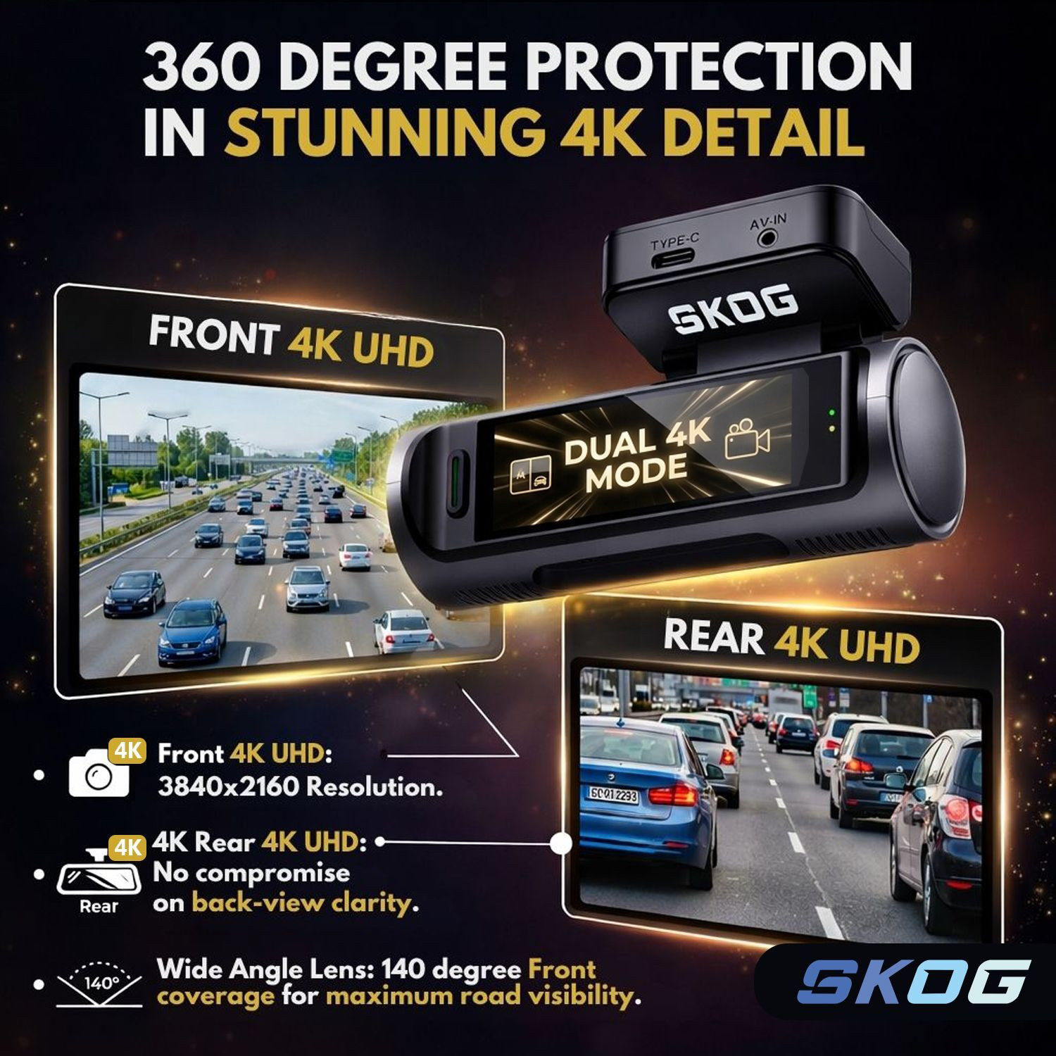 Image of SKOG 4K Camera Front Rear View, Night Vision, 24h Parking Monitoring, G-Sensor, Wifi6 Dashboard, Reverse Assist Camera System