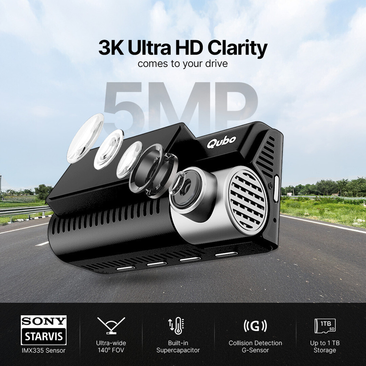 Image of Qubo Smart Dashcam Pro 3K + Rear Dashboard, In-car Camera System
